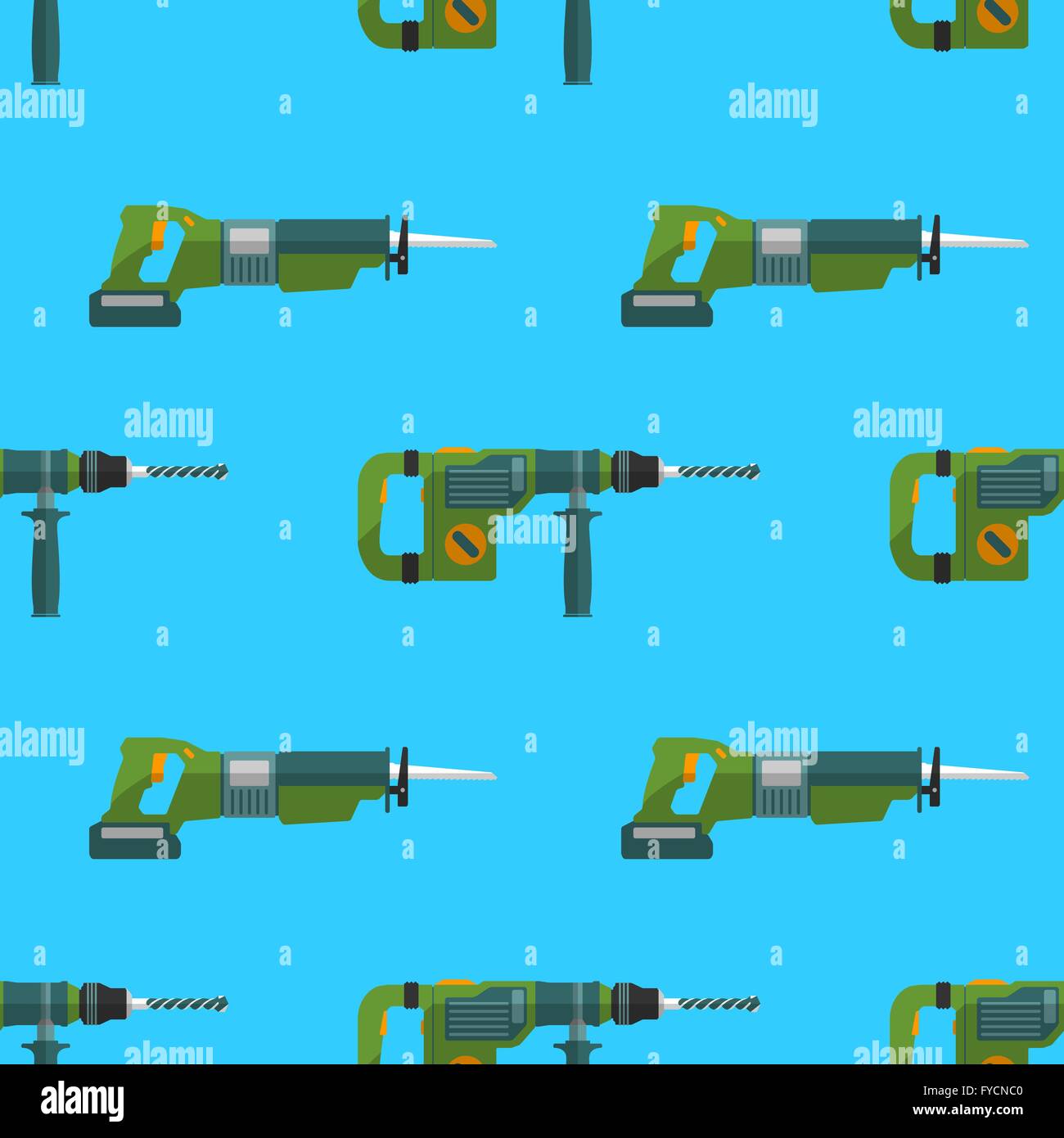 rotary-Bohrhammer Vektor bunte flache Bauweise und hergehenden sah Geräte elektrische Instrumente Werkzeuge nach Hause Grossgärtnerei umgestalten Stock Vektor
