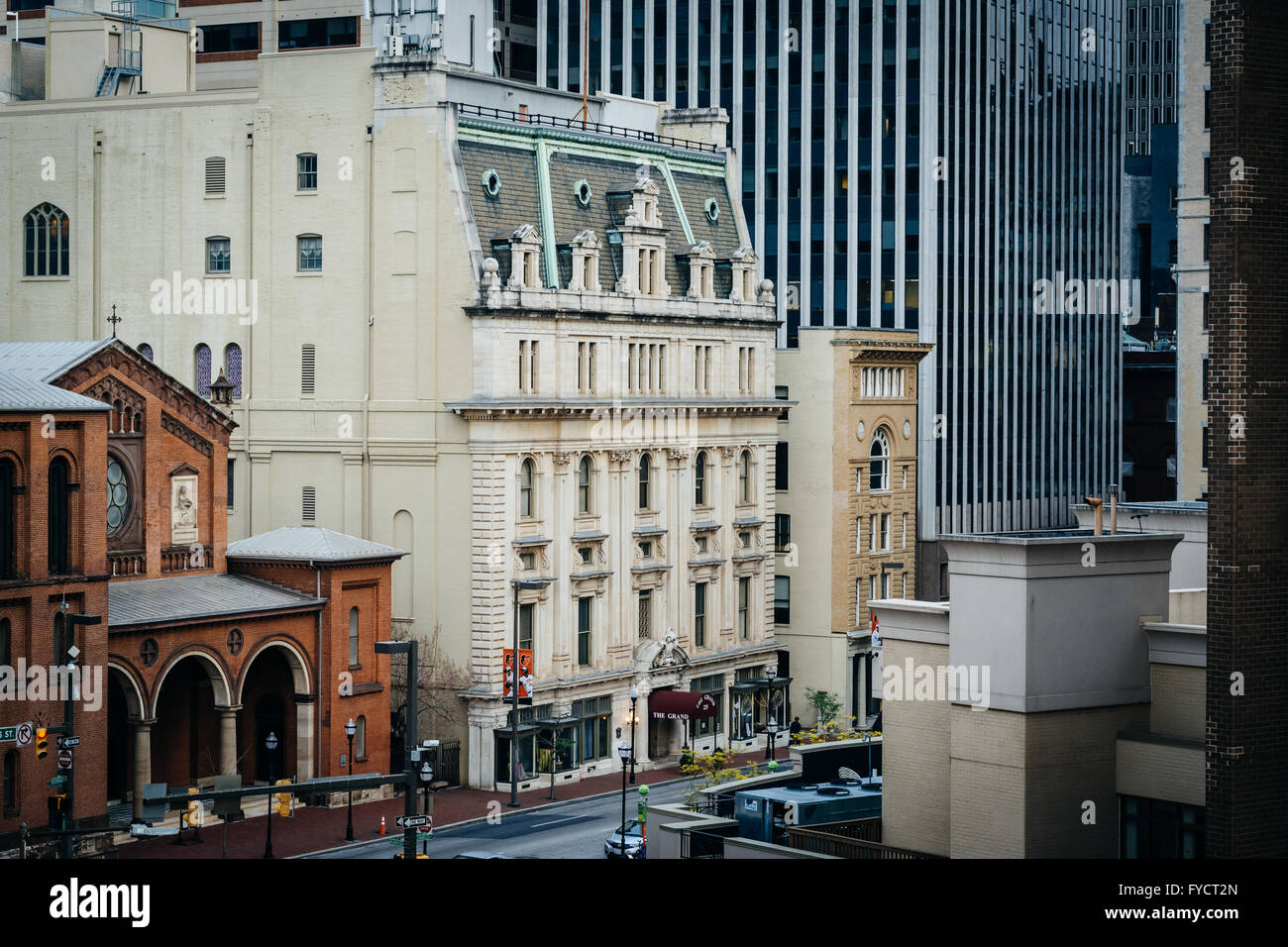 Überblick über unterschiedliche Architektur in der Innenstadt von Baltimore, Maryland. Stockfoto