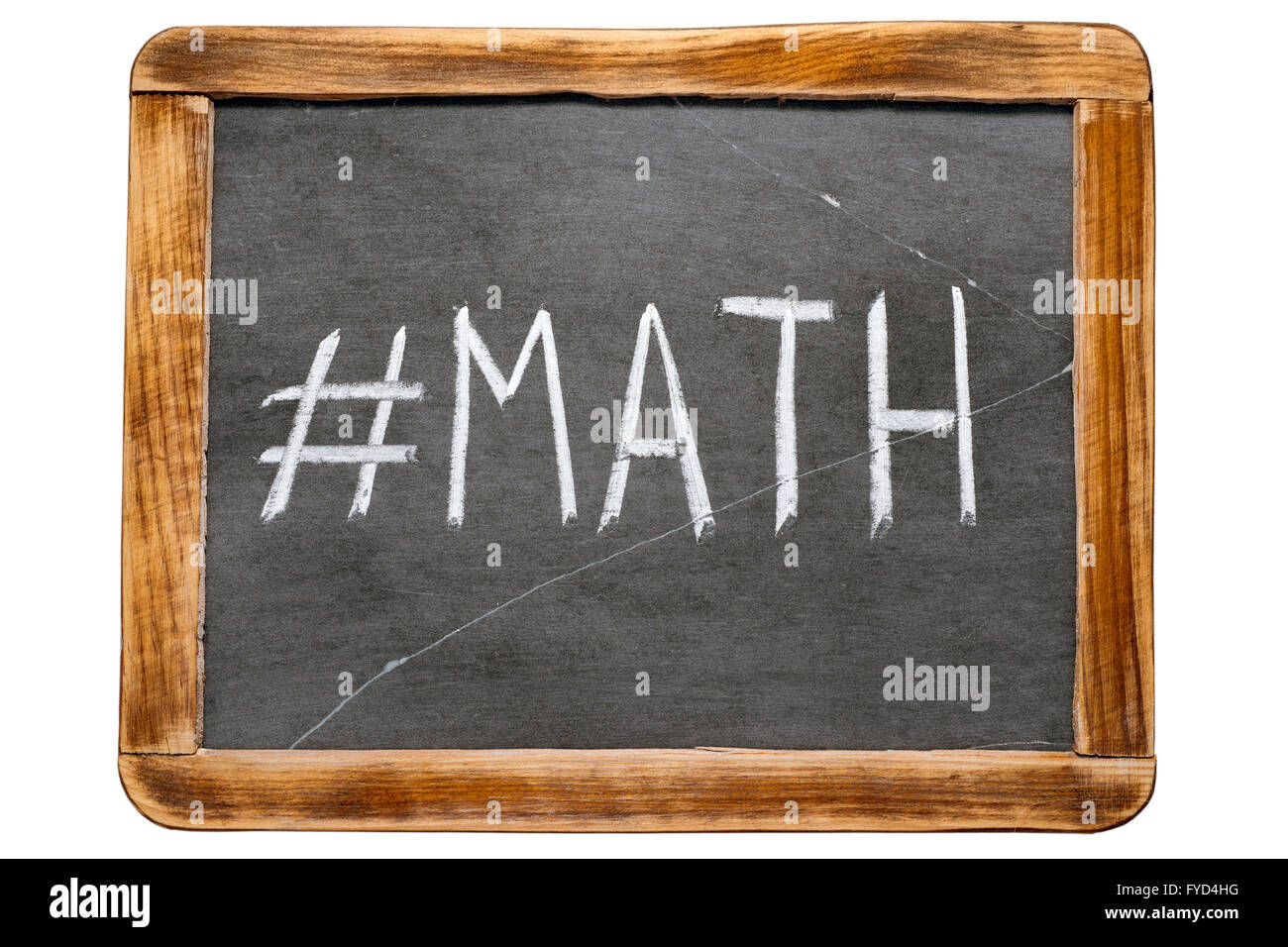 Mathe-Hashtag handschriftlich auf Vintage Schiefer Schulbehörde isoliert auf weiss Stockfoto