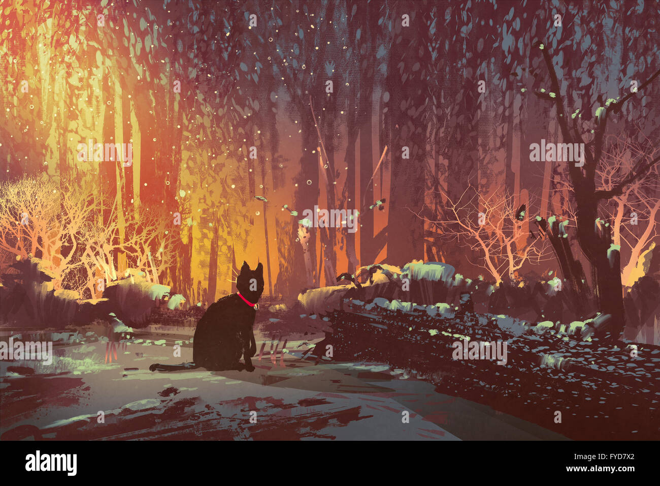 verlorene Katze im Wald mit mystischen Licht, Illustration Malerei Stockfoto