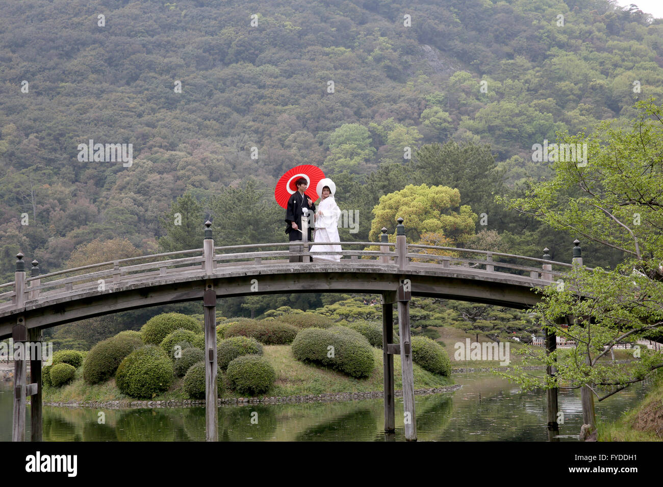 Japanische Hochzeitspaar in traditionellen Kimono gekleidet stehen Holzbrücke am japanischen Garten Stockfoto