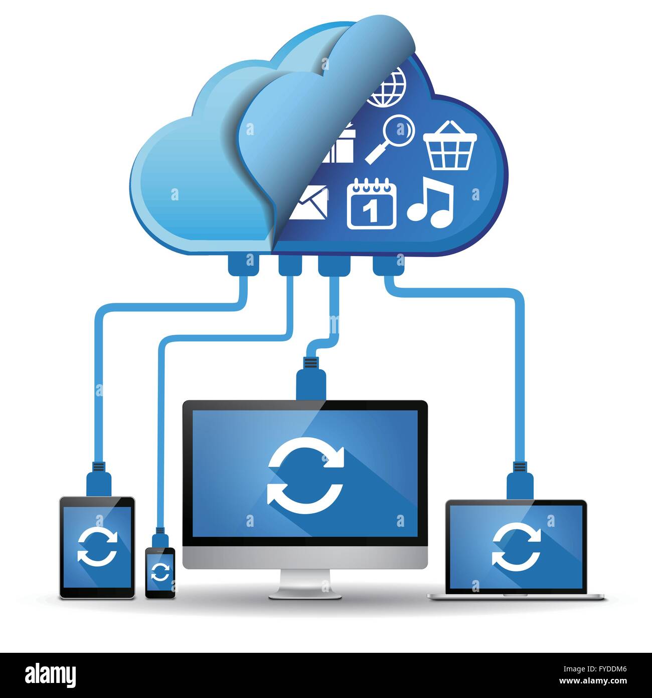 Geräte in die Cloud. Cloud-computing-Konzept. Laptop, Desktop, Smartphone und Tablet mit Sync-Symbol und Cloud-appl Stock Vektor
