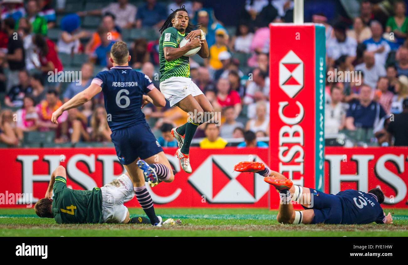 Südafrika Vs Schottland während der HSBC 2016 / Cathay Pacific Hong Kong Sevens, Hong Kong Stadium. 9. April 2016. Stockfoto