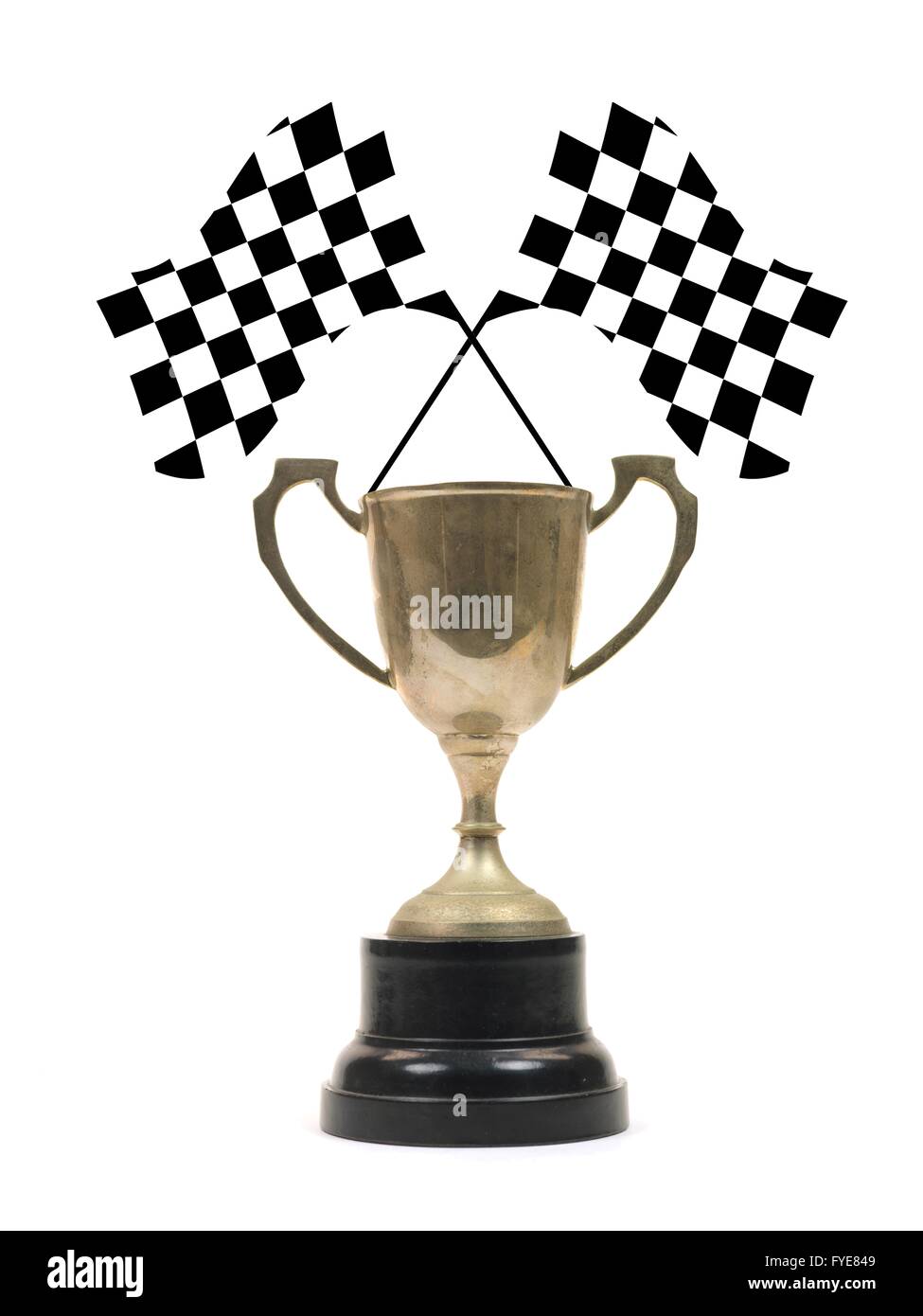 Karierte Flaggen und eine Trophäe auf dem weißen Hintergrund isoliert Stockfoto