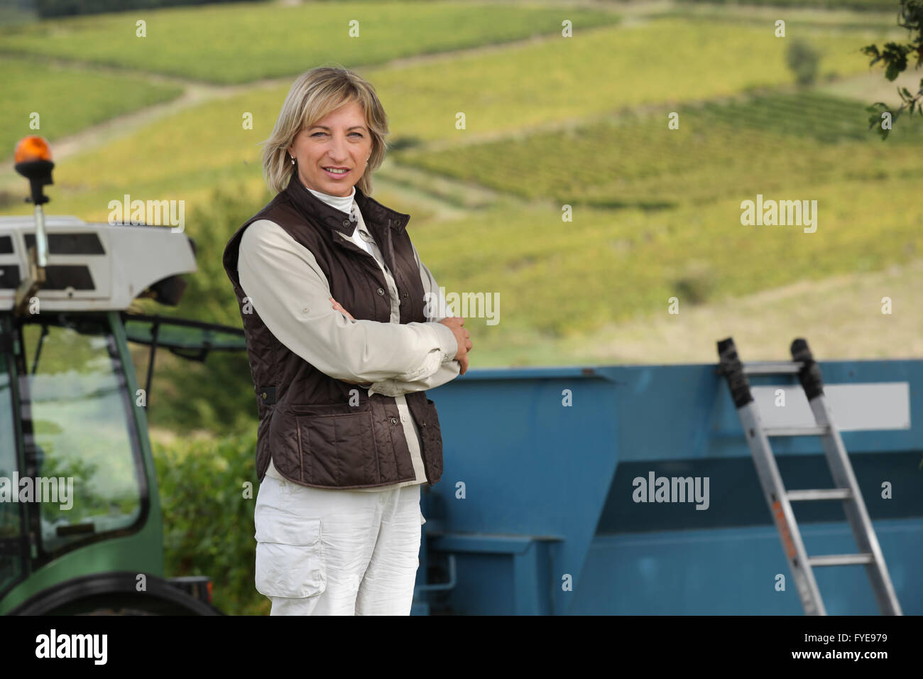 45 Jahre alte Frau vor einem Traktor und Reben Stockfoto
