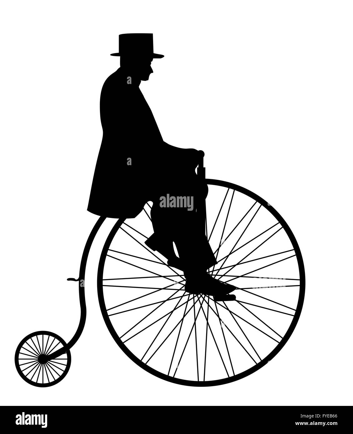 Ein Herr in einem Zylinderhut Reiten eine Penny Farthing Silhouette isoliert auf weißem Hintergrund Stockfoto