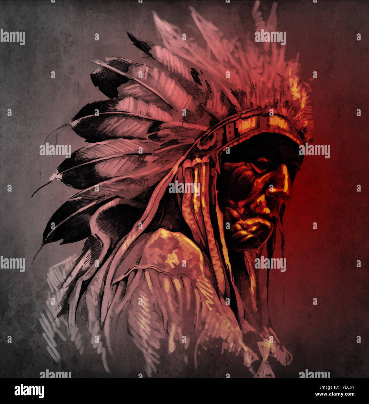 Tattoo Kunst Portrat Von Indianer Kopf Auf Dunklem Hintergrund Stockfotografie Alamy