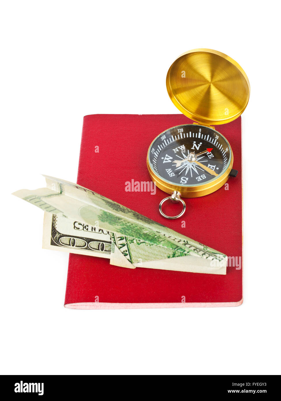 Reisepass, Kompass und Geld Flugzeug - Reisekonzept Stockfoto