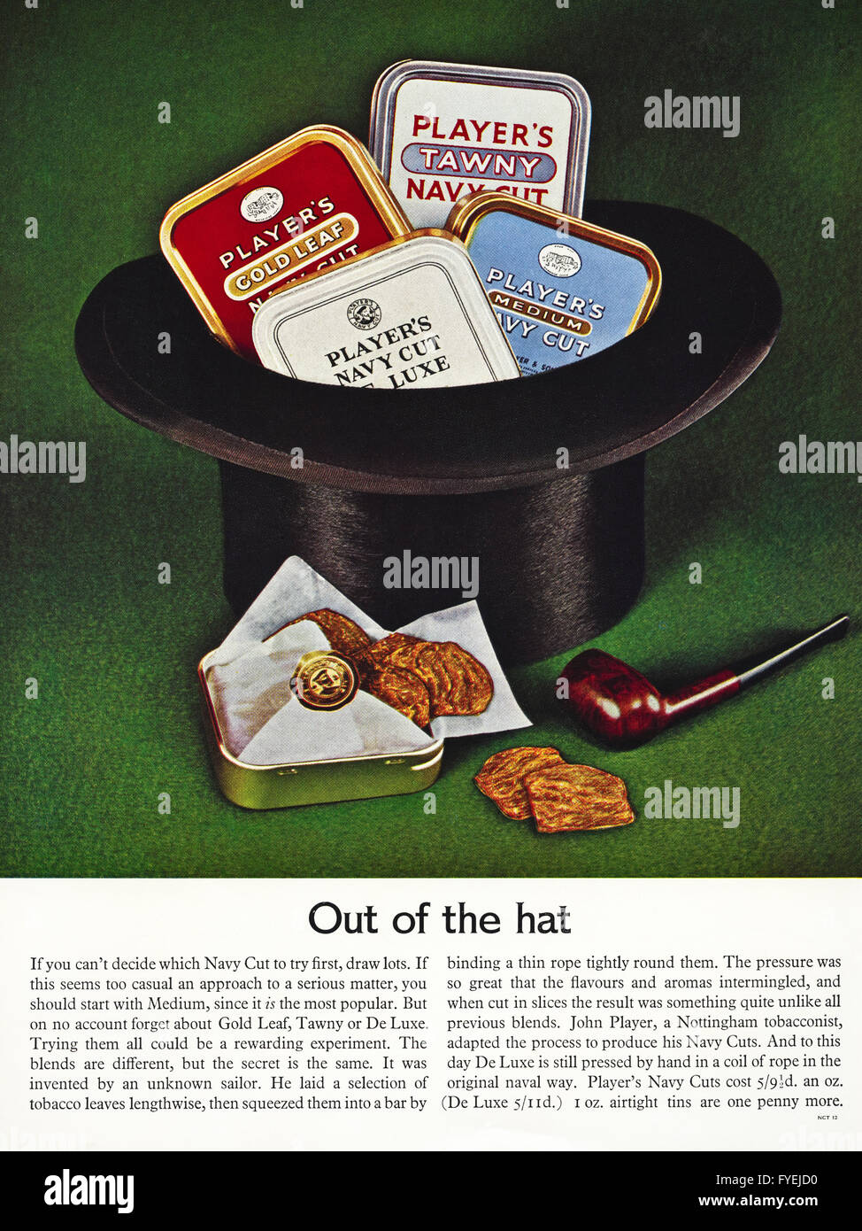 Original alte Vintage 1960er Jahre ganzseitige Farbe Magazin Anzeige datiert 1962. Werbung Werbung des Spielers Pfeifentabak. Stockfoto