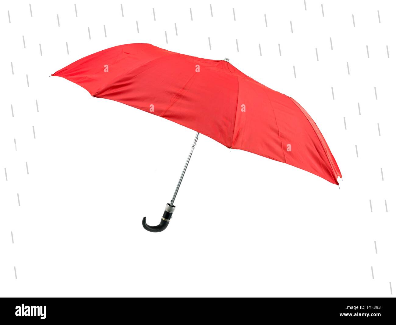 Einen roten Regenschirm mit Schiene Tropfen vor einem weißen Hintergrund isoliert Stockfoto