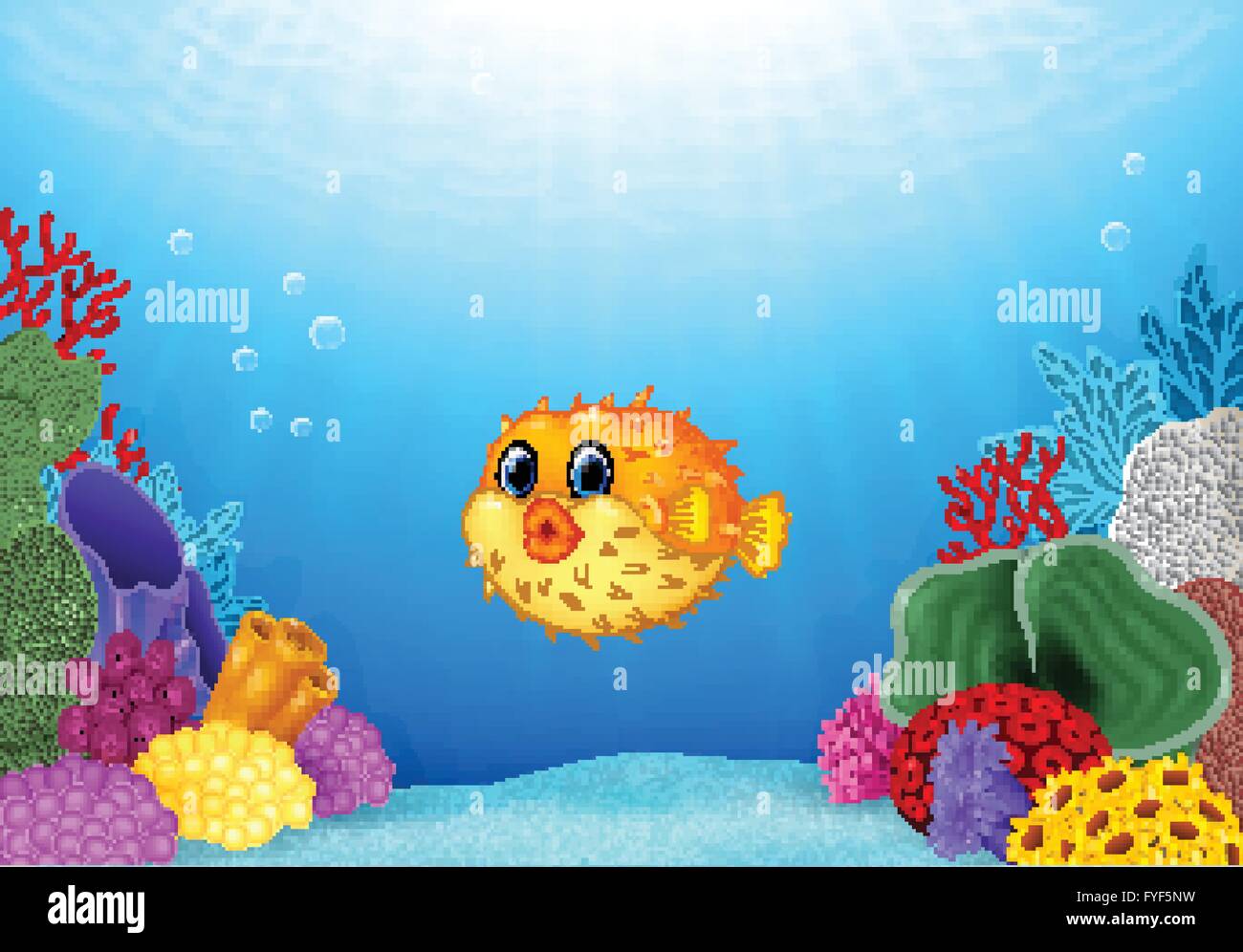 Cartoon Kugelfische Mit Korallenriff Unterwasser Im Ozean Stock Vektorgrafik Alamy