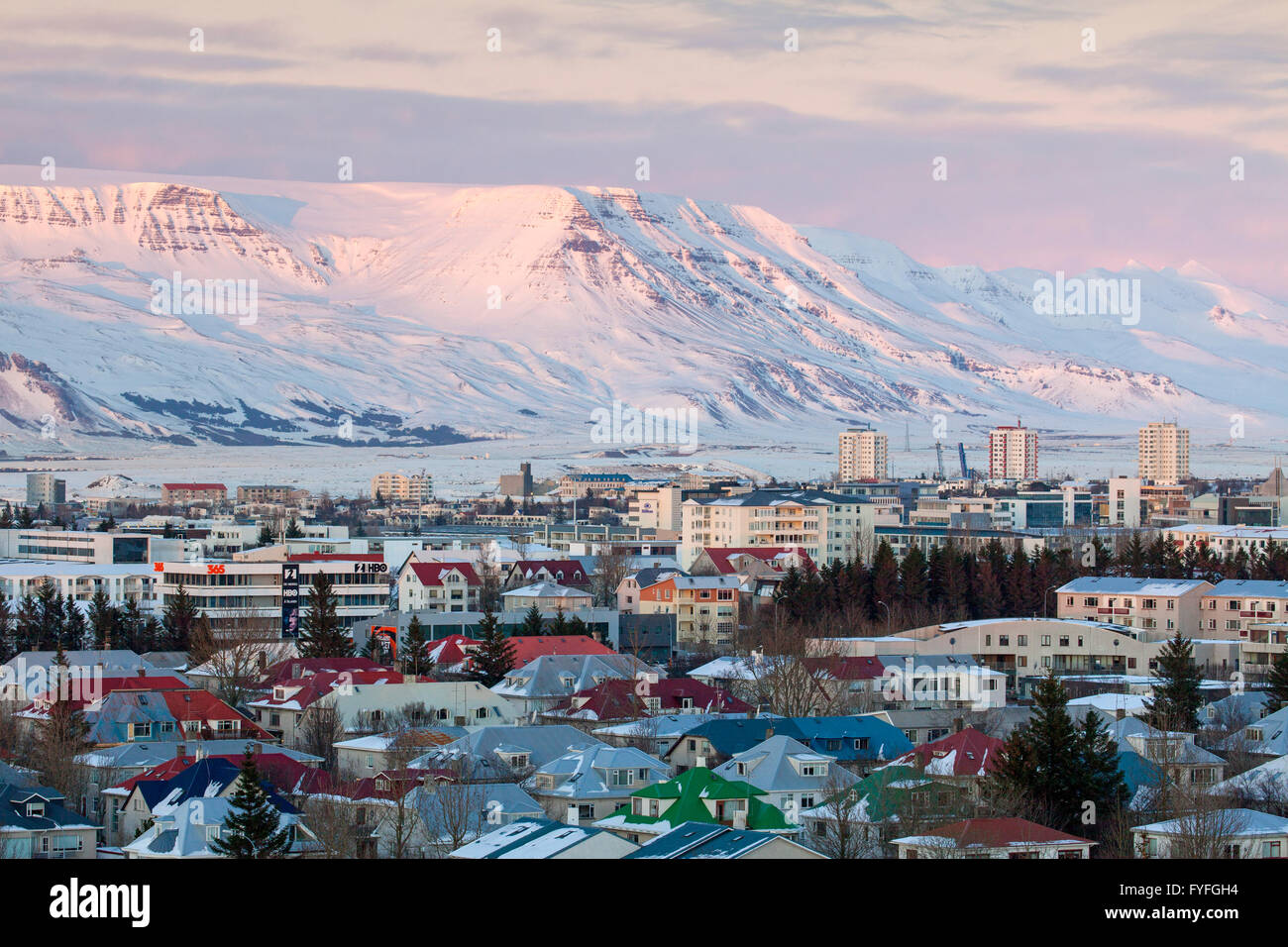 Blick über Reykjavík, Hauptstadt Island im winter Stockfoto