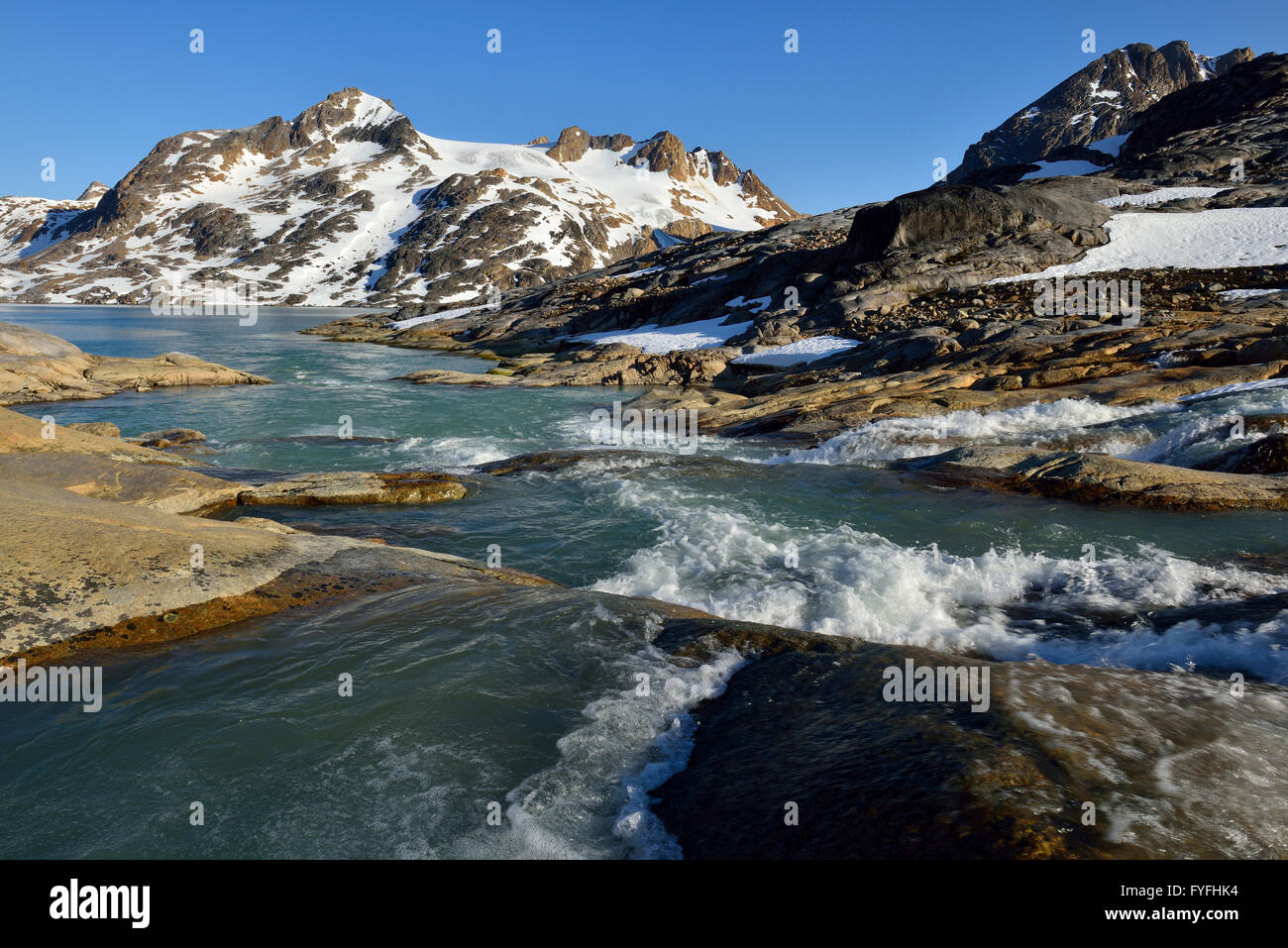 Ammassalik Insel, Fluß in Sammileq Fjord, Ostgrönland, Kalaallit Nunaat, Grönland Stockfoto