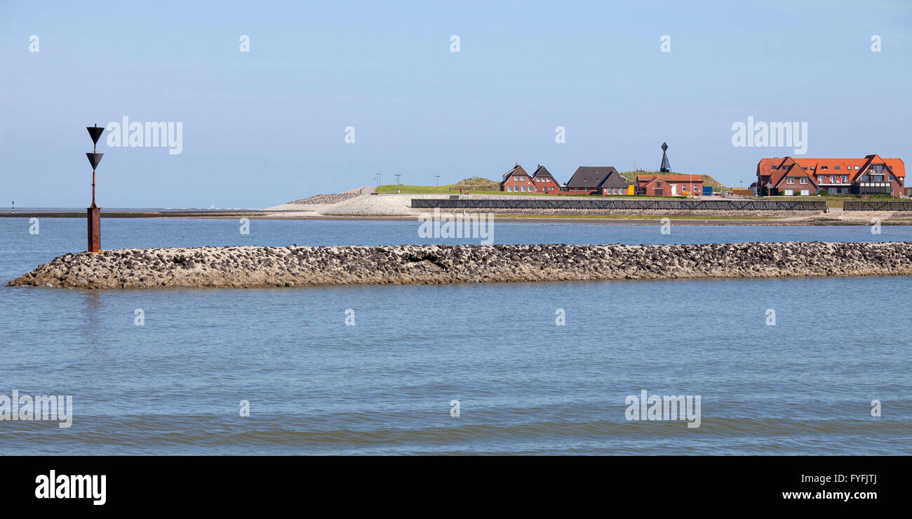 Blick auf die Insel aus dem Meer, die ostfriesischen Inseln, Ostfriesland, Baltrum, Niedersachsen, Deutschland Stockfoto