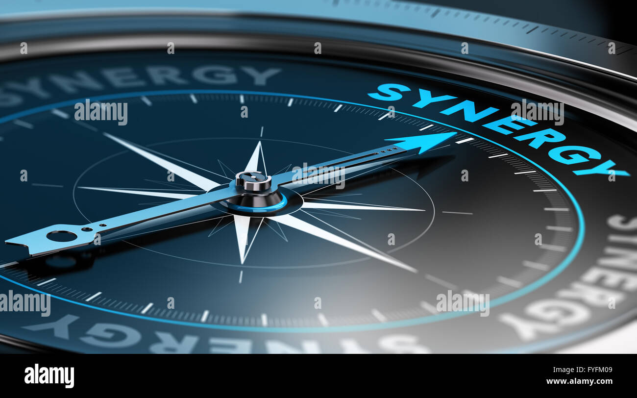 3D Abbildung eines Kompasses mit der Nadel zeigt die Wort Synergie. schwarzem Hintergrund Stockfoto