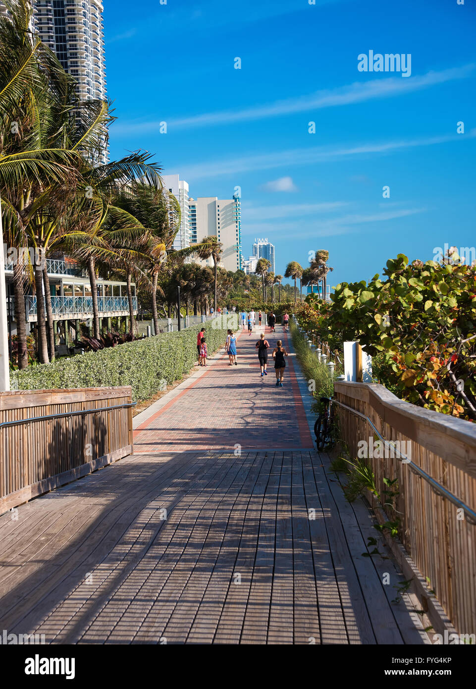 Läufer und Walker an der Strandpromenade von Miami Beach in South Beach. Stockfoto