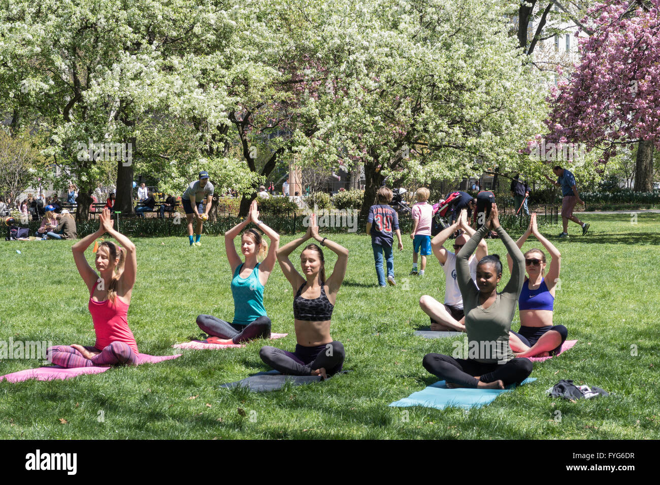 Frauen Yoga Klasse, East grün, Central Park, New York, USA Stockfoto