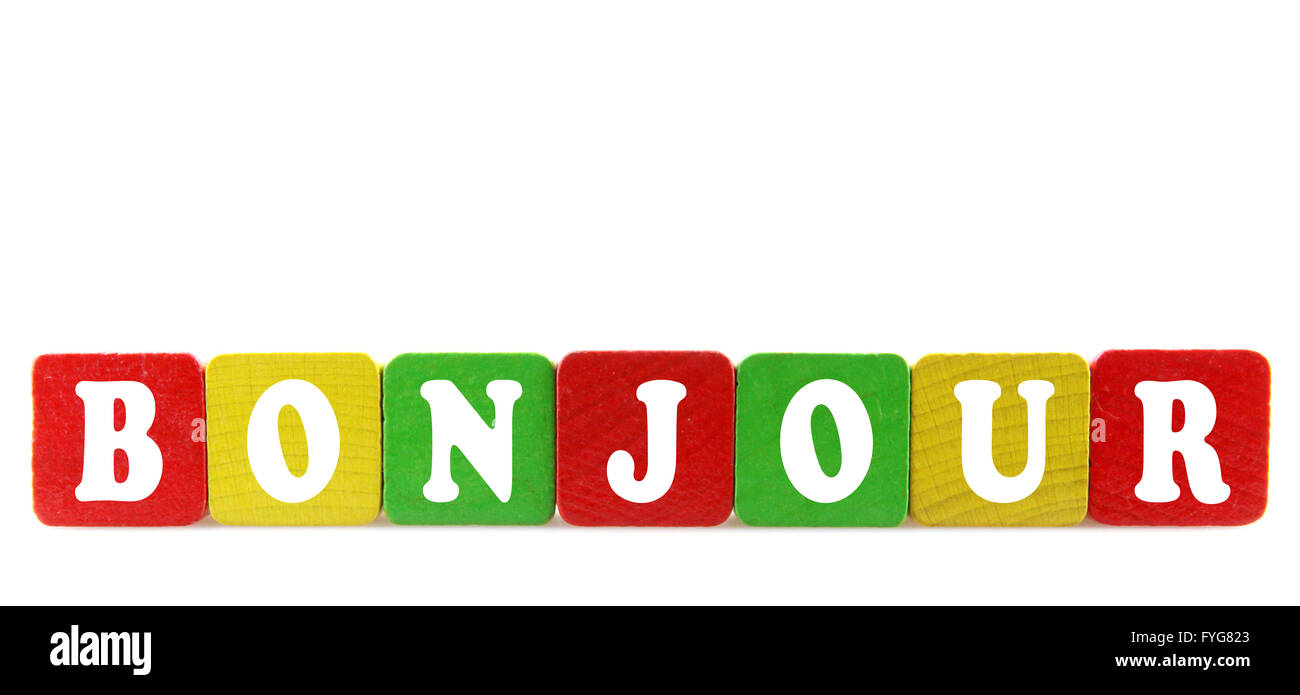 Bonjour - isolierten Text in Holzbauklötze Stockfoto