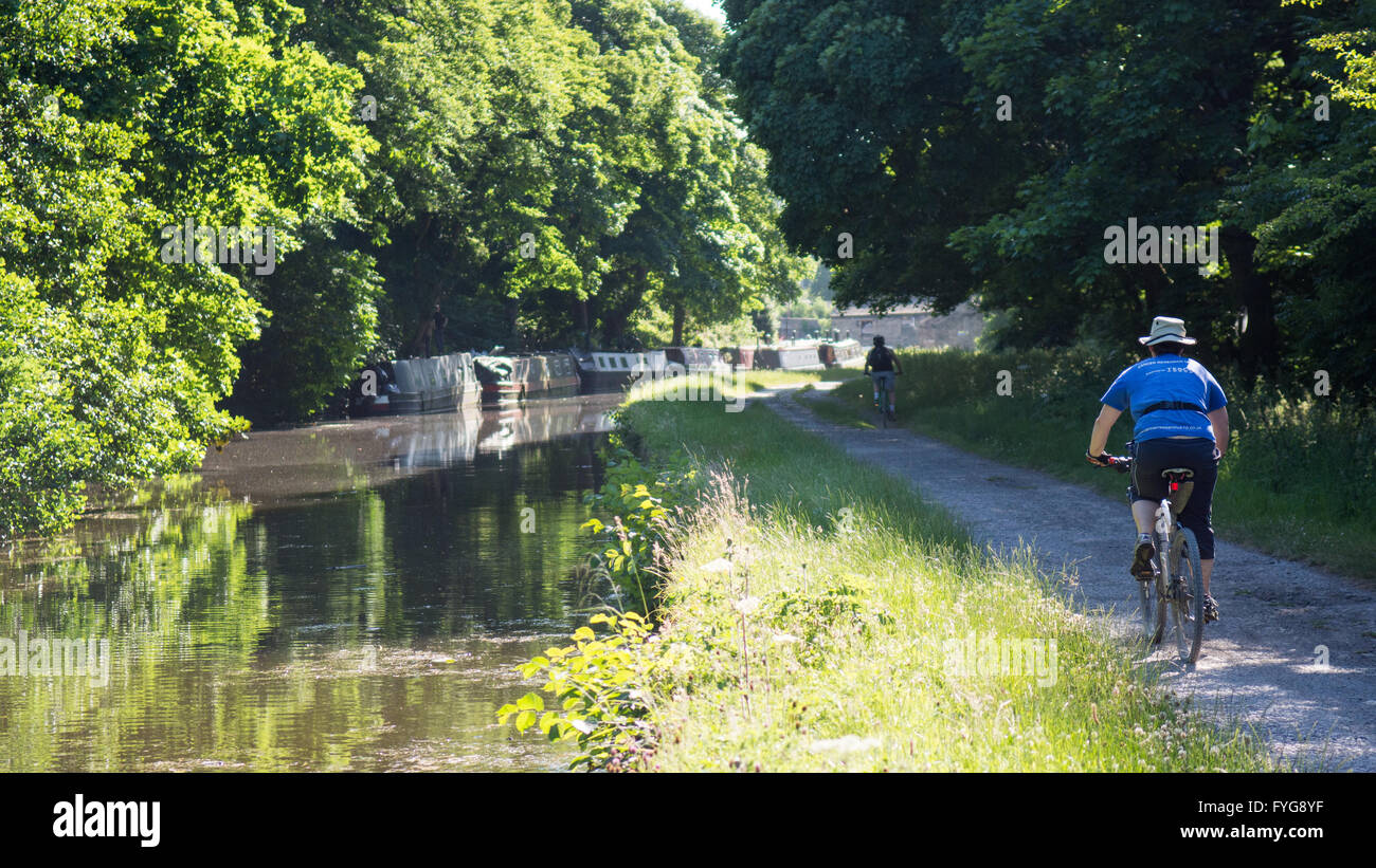 Leeds, England - 30. Juni 2015: Radfahrer fahren in der Sonne auf dem Treidelpfad des Leeds and Liverpool Canal. Stockfoto