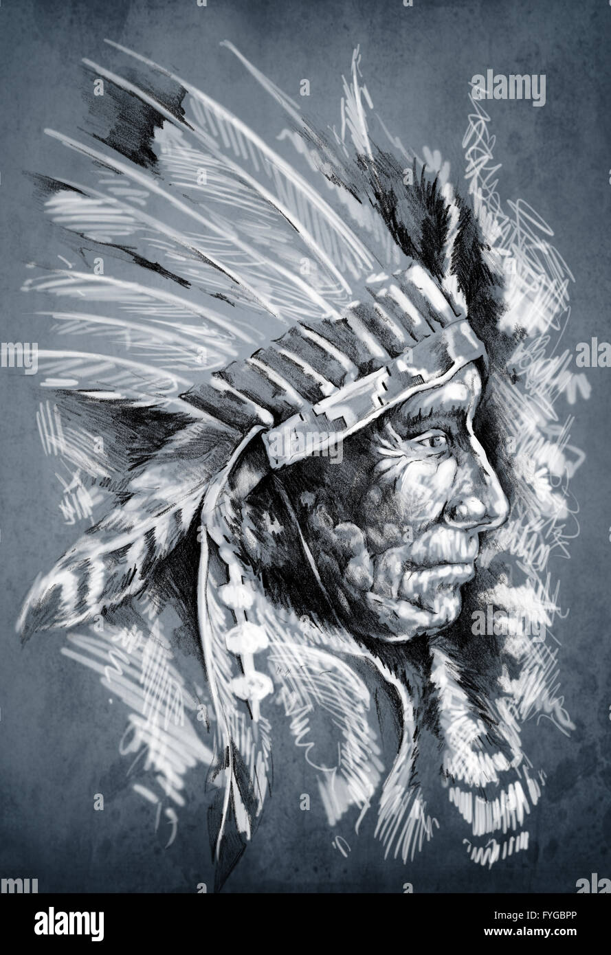 Skizze der TattooKunst, native american indian Head, chief, schmutzige