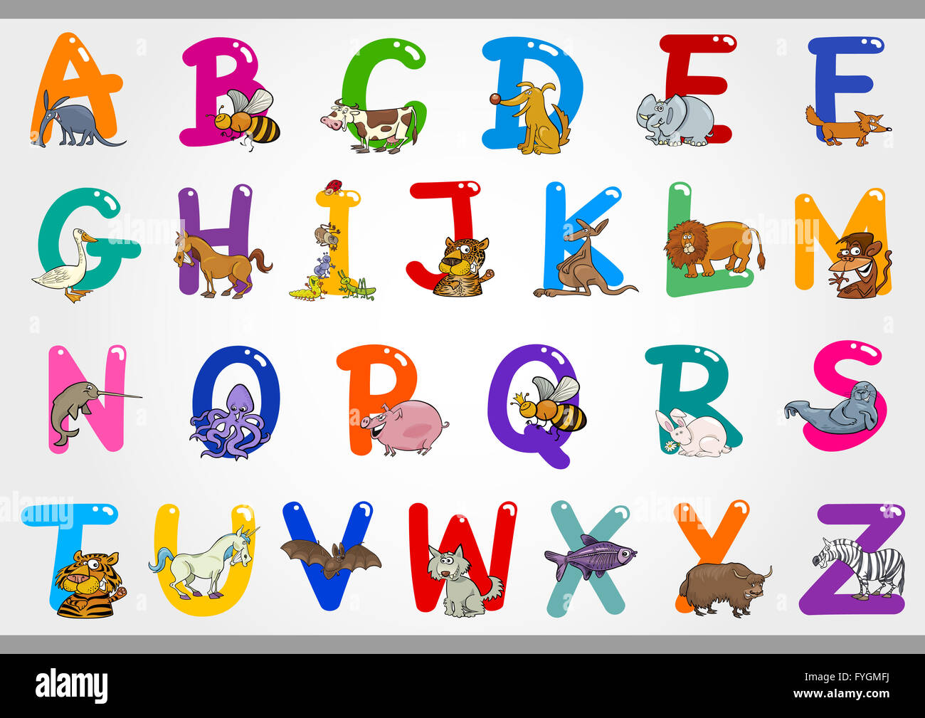 Cartoon-Alphabet mit Illustrationen Stockfoto