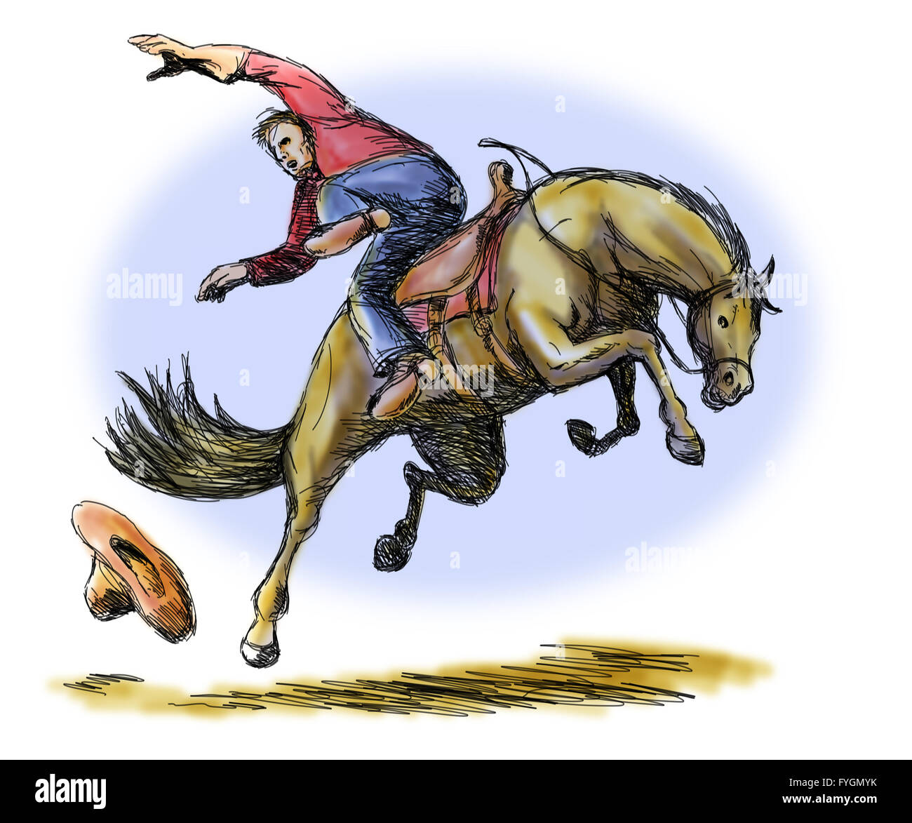 Rodeo Cowboy Sturz von Pferd Stockfoto