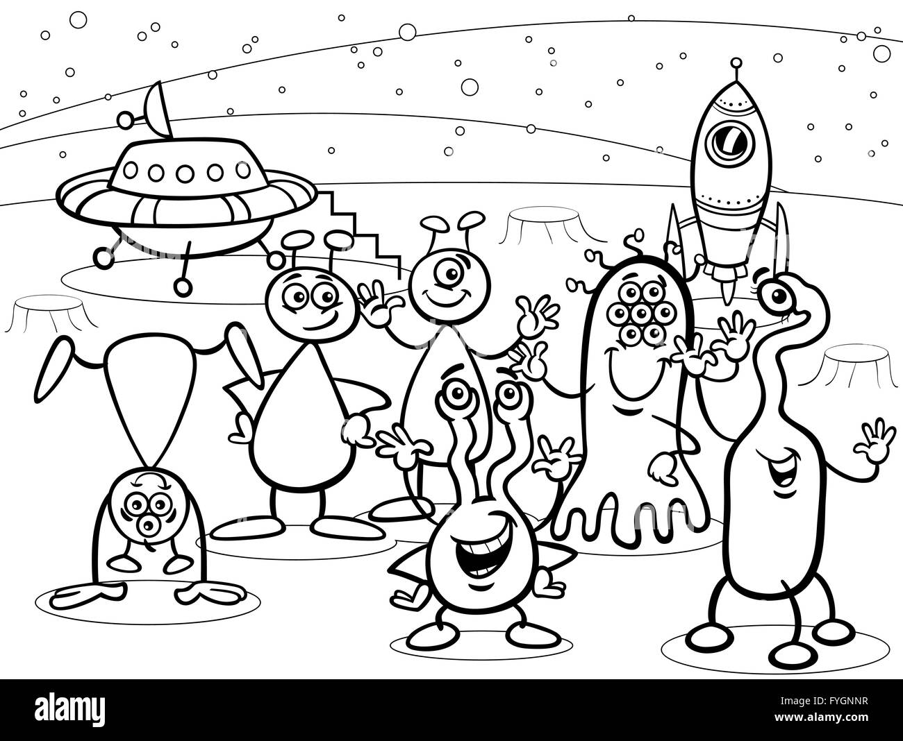 Cartoon-ufo Aliens Gruppe Malbuch Stockfoto