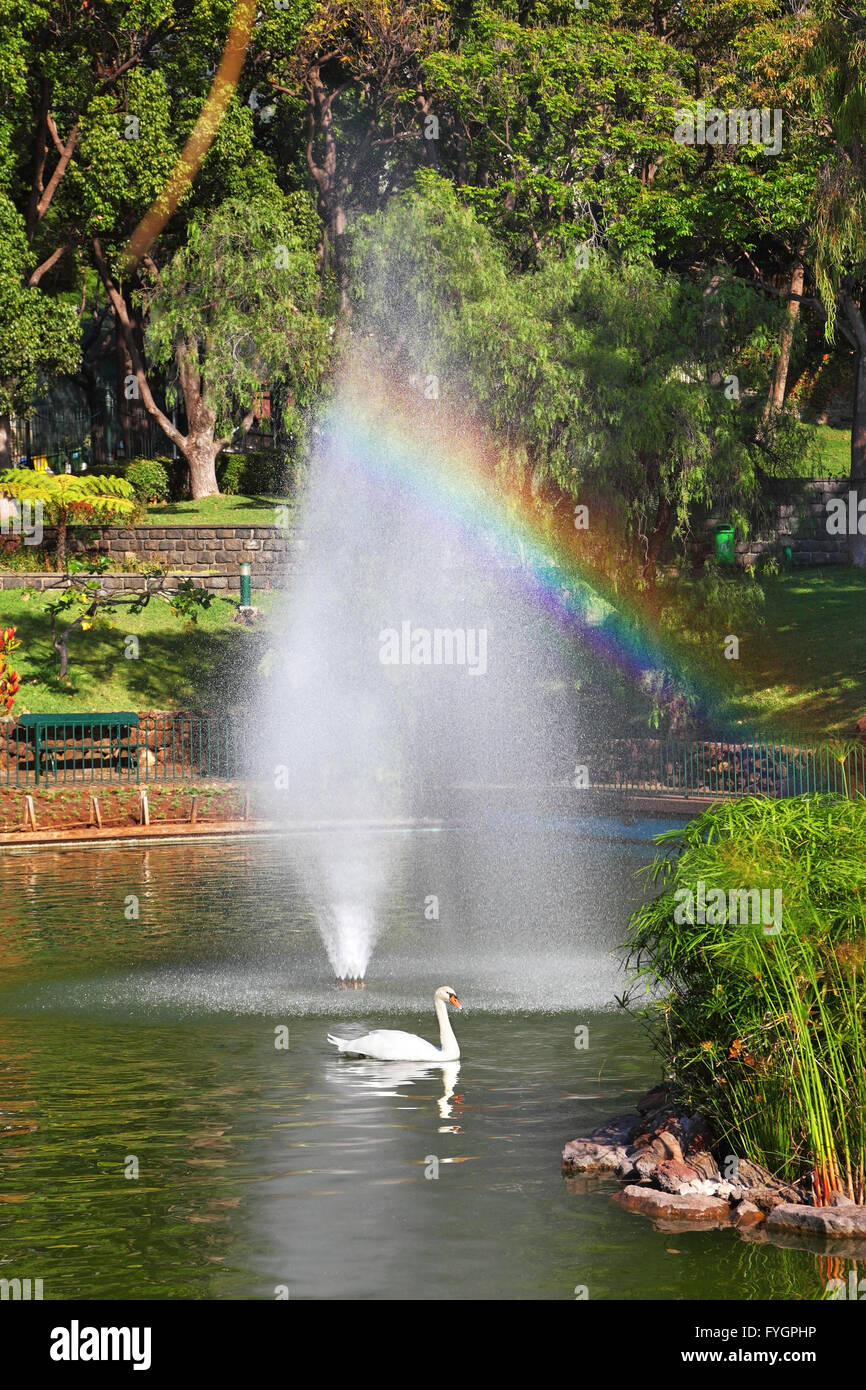 Bei den Wasserstrahlen Brunnen scheint prächtigen Regenbogen Stockfoto