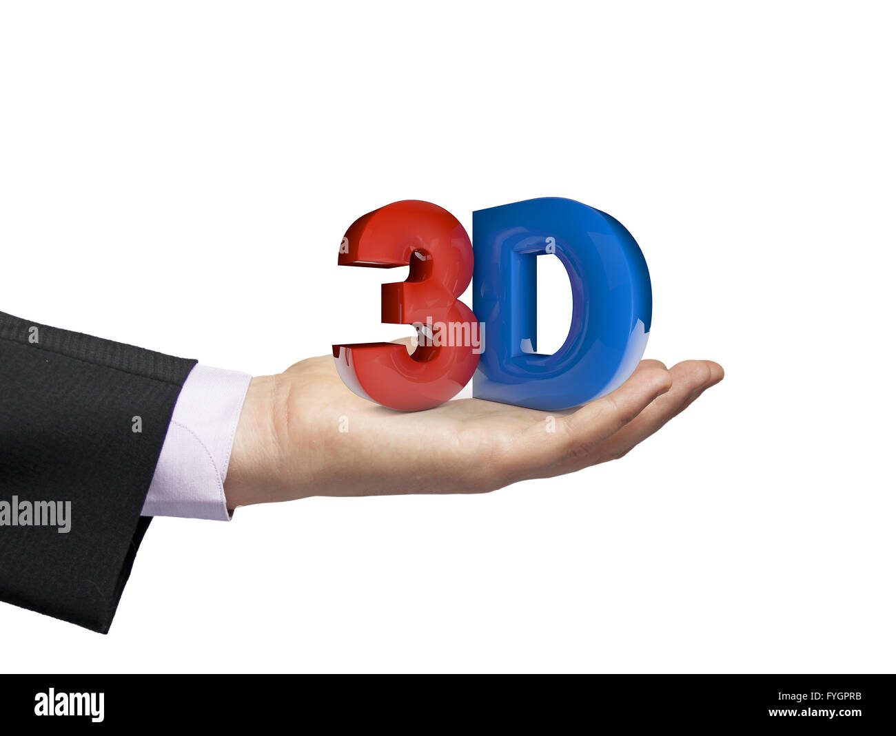 3D-Konzept: glänzend 3d Text über ein Geschäftsmann Hand Stockfoto