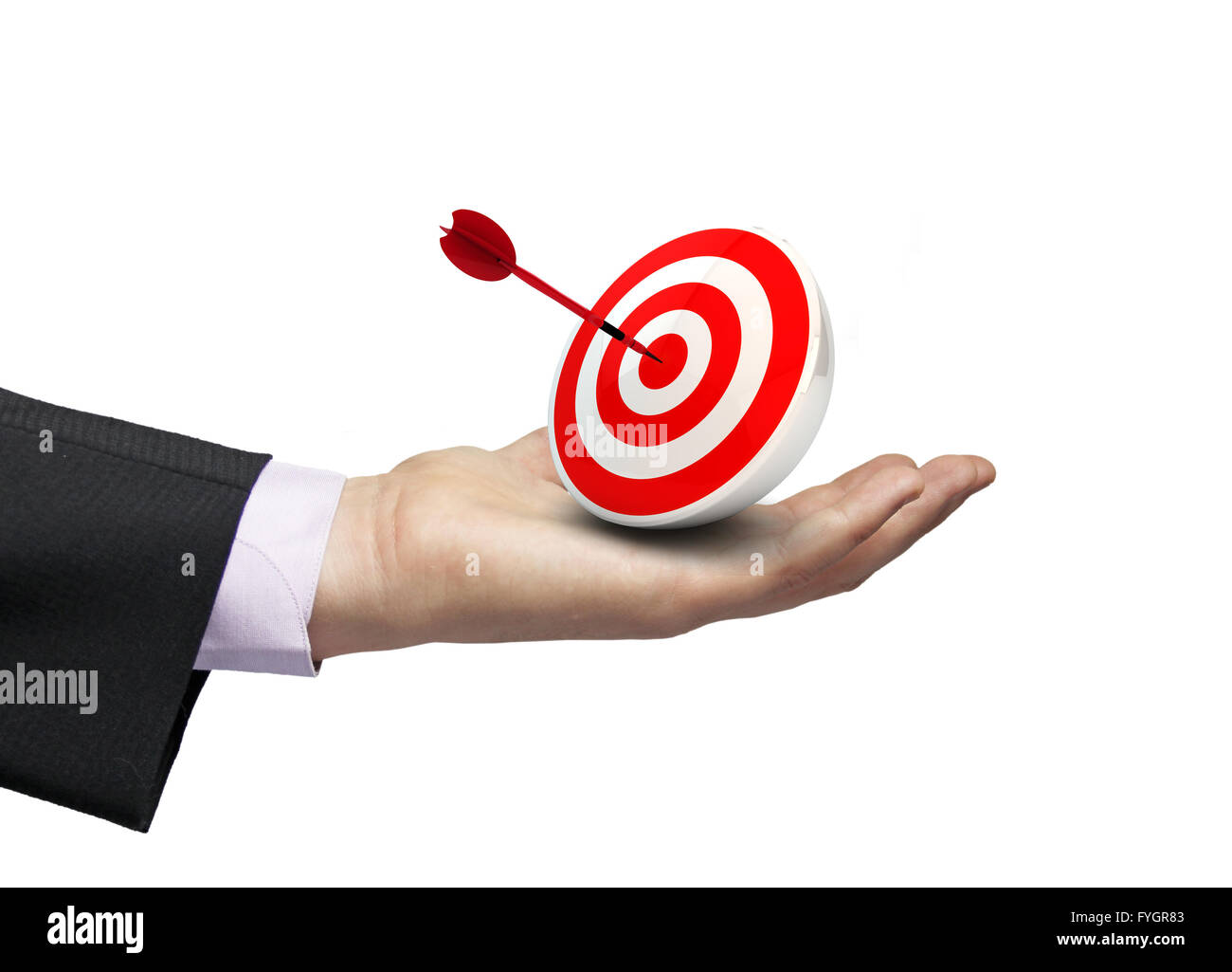 konkurrenzfähigen marketing-Konzept: Render von Bullseye mit Dart über ein Geschäftsmann hand isolierten auf weißen Hintergrund Stockfoto