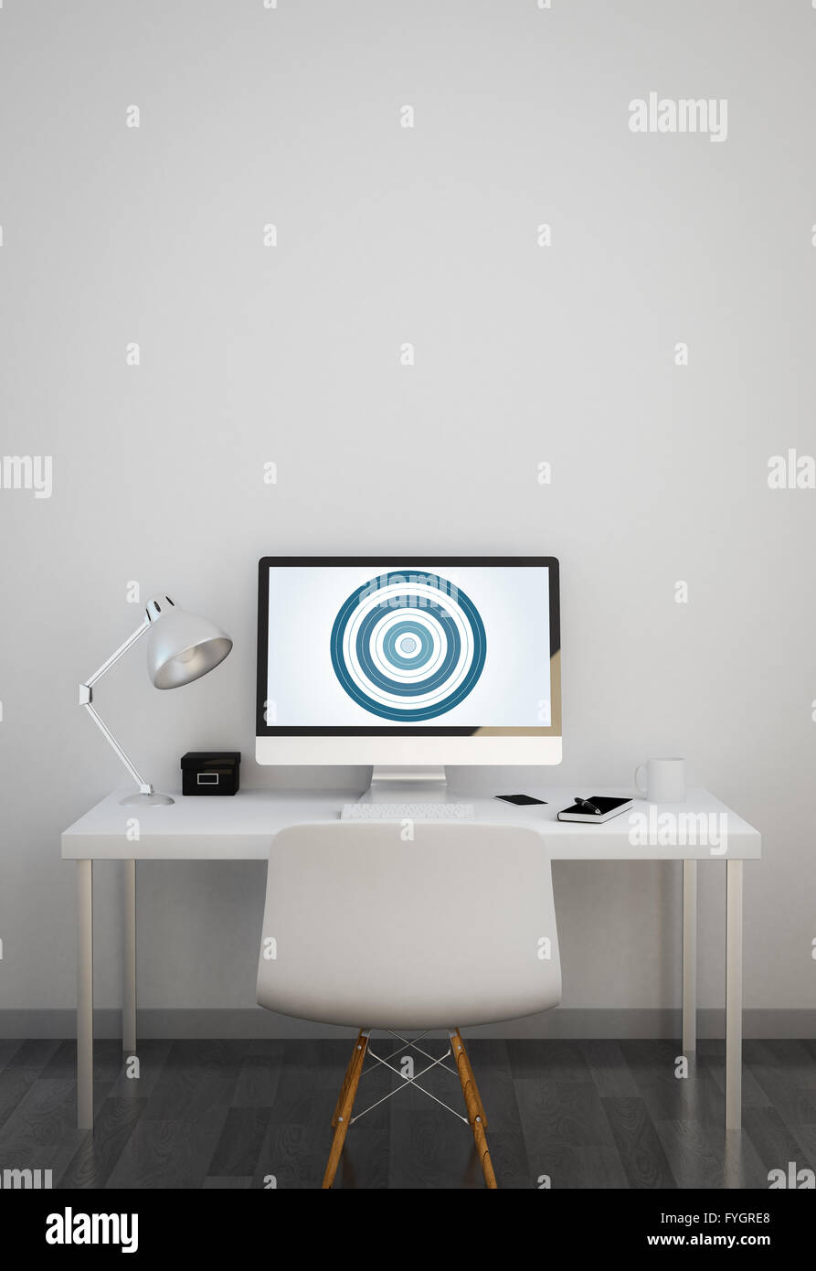 Marketing-Konzept: sauberen Arbeitsbereich mit Bullseye auf dem Bildschirm.  alle Bildschirm-Grafiken bestehen. 3D Illustration. Stockfoto