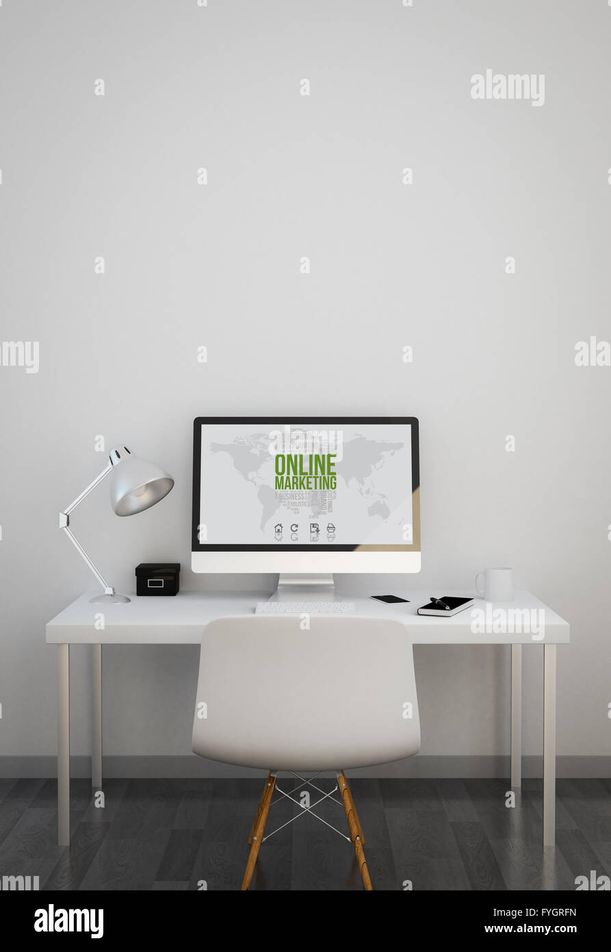Arbeitsbereich mit Online-Marketing auf dem Bildschirm zu reinigen.  alle Bildschirm-Grafiken bestehen. 3D Illustration. Stockfoto