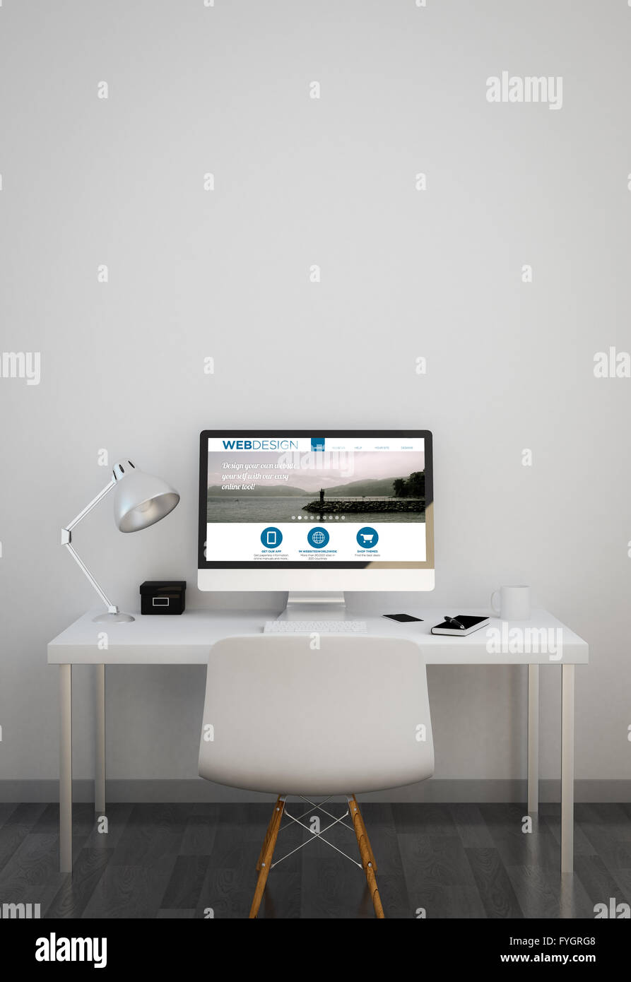 Web-Design-Studio mit Website auf dem Bildschirm. 3D Illustration. Stockfoto