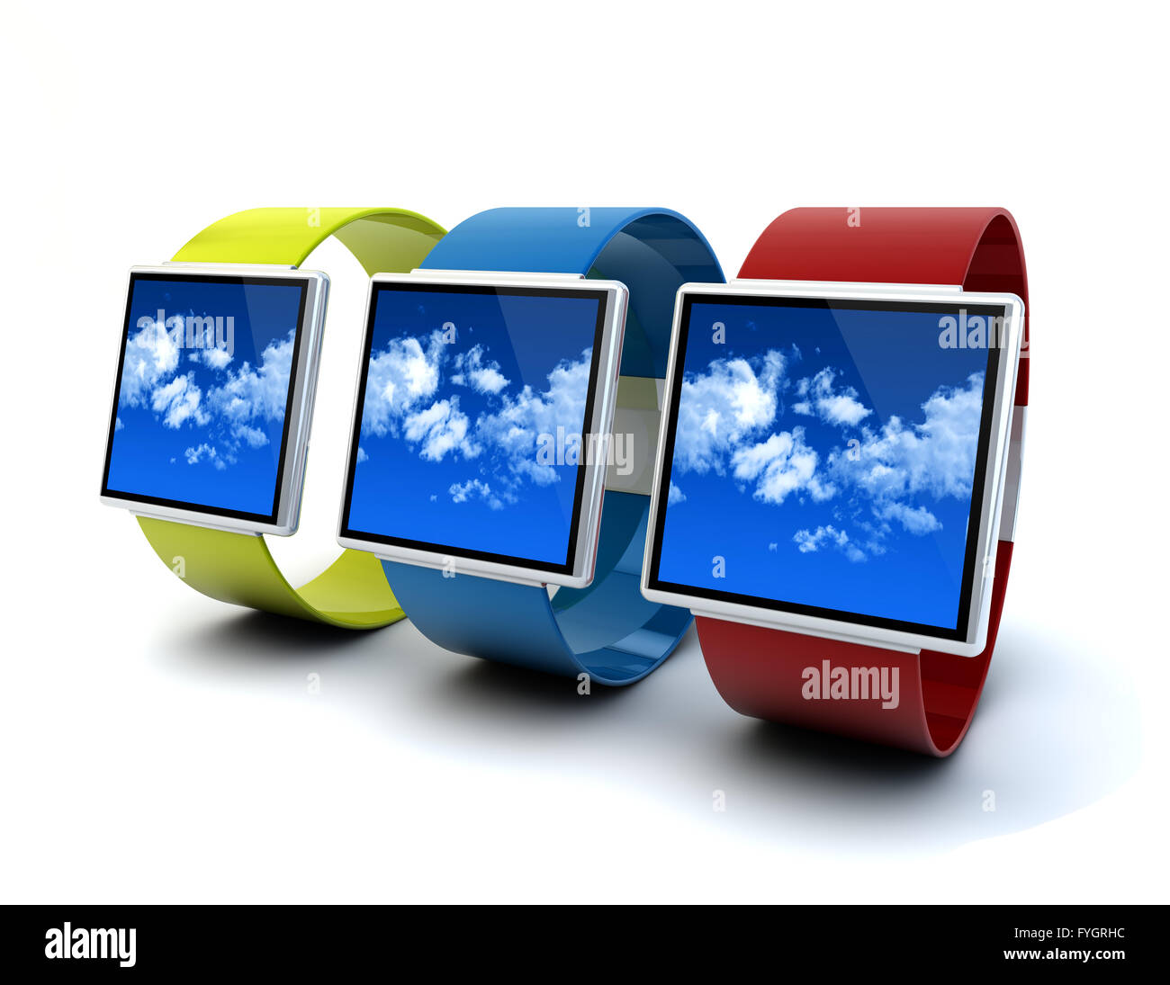 moderne mobile tragbare Gerätekonzept: Sammlung von Farbe smart Digitaluhren mit Sky auf dem Bildschirm zu isoliert auf weißem Backgr Stockfoto