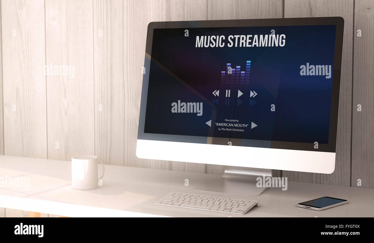 Digital Render erzeugt Arbeitsbereich Withmusic auf dem Bildschirm des Computers und Smartphone streamen. Alle Bildschirmgrafiken bestehen Stockfoto