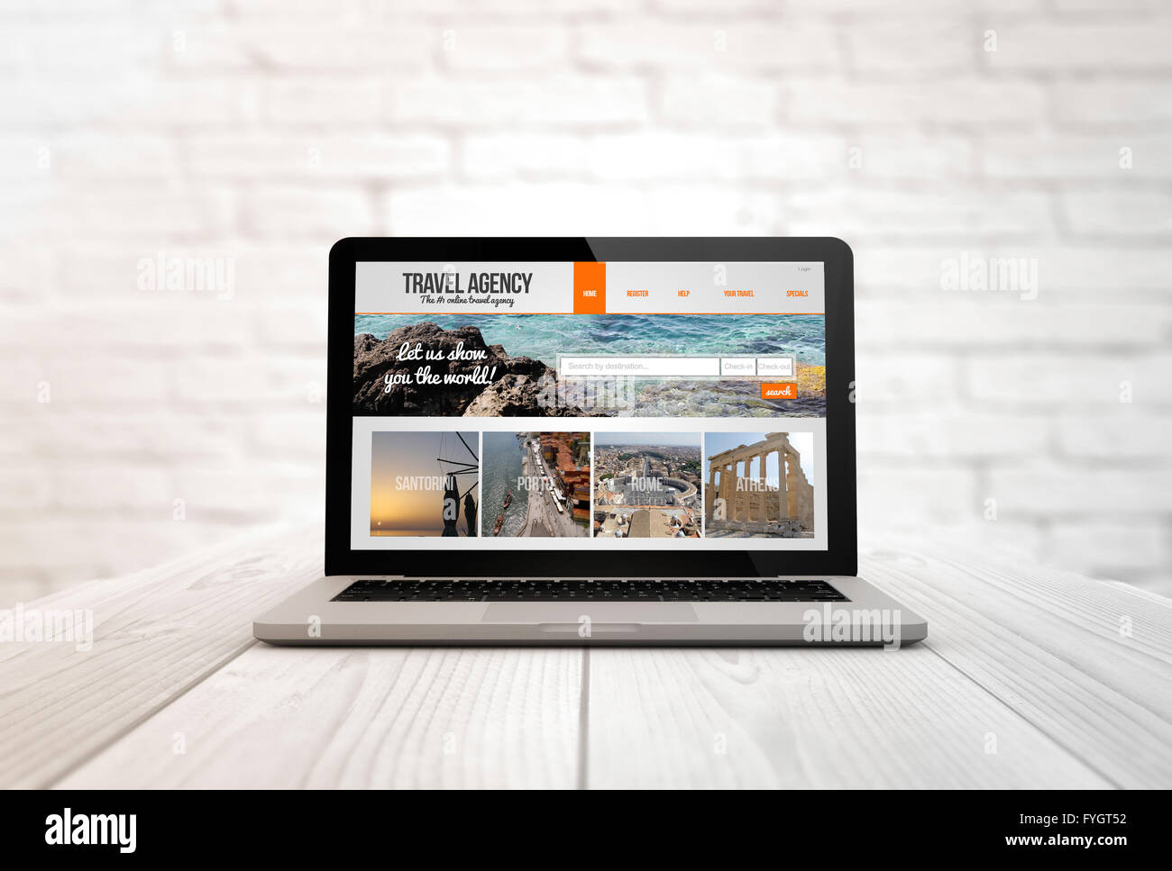 Tourismus-Konzept: Laptop auf einem Holztisch mit Reisebüro Digital generiert. Die Bildschirmgrafik bestehen. Stockfoto