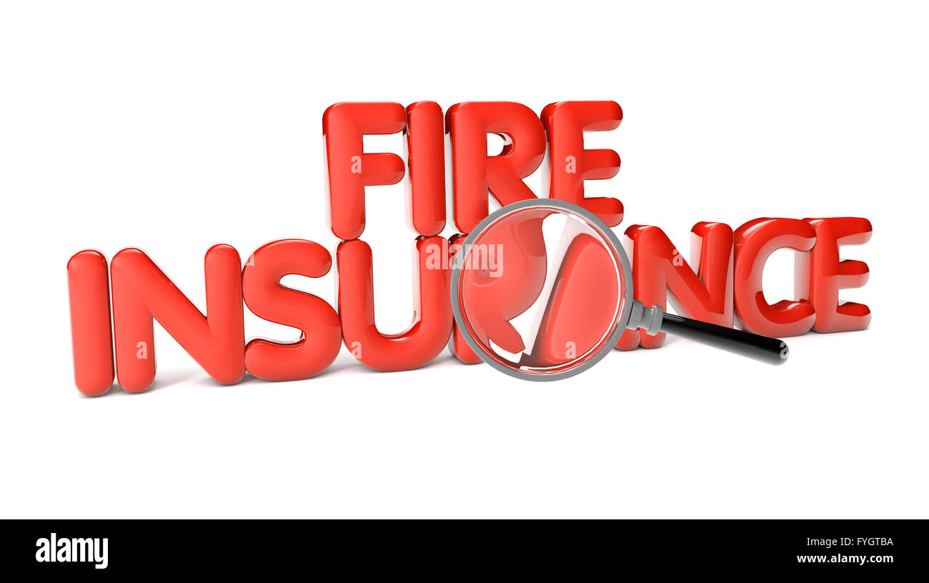 Feuer-Versicherung-Text isoliert auf weißem Hintergrund Stockfoto