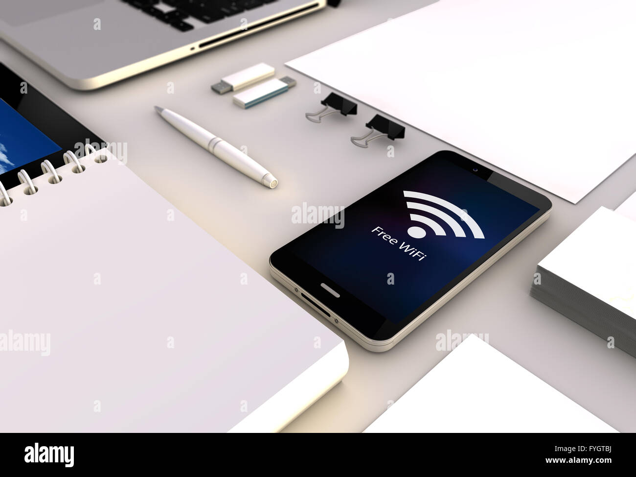 kostenlose Wifi-Konzept: Nahaufnahme von einem 3d generierte Touchscreeen Smartphone mit Wifi auf dem Bildschirm. Die Bildschirmgrafik sind ma Stockfoto