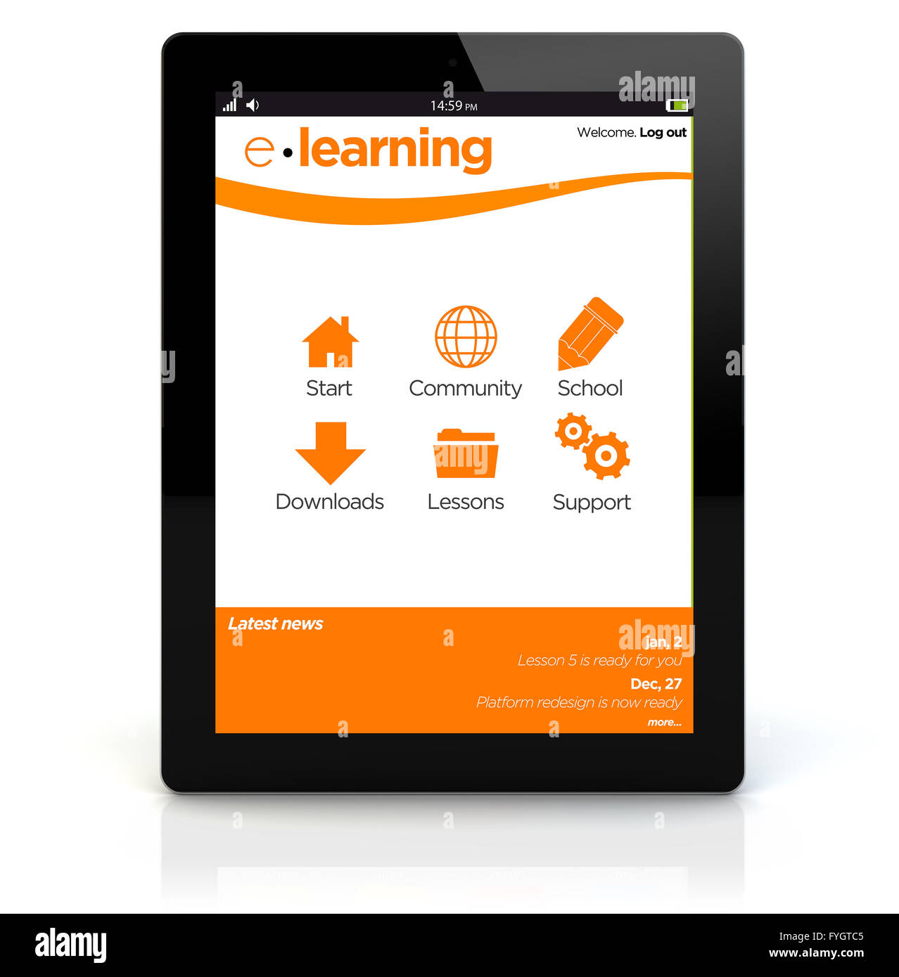 e-Learning-Konzepts: Rendern eines Tablet-PCs mit Onlineschule Intranet auf dem Bildschirm. Die Bildschirmgrafik bestehen. Stockfoto