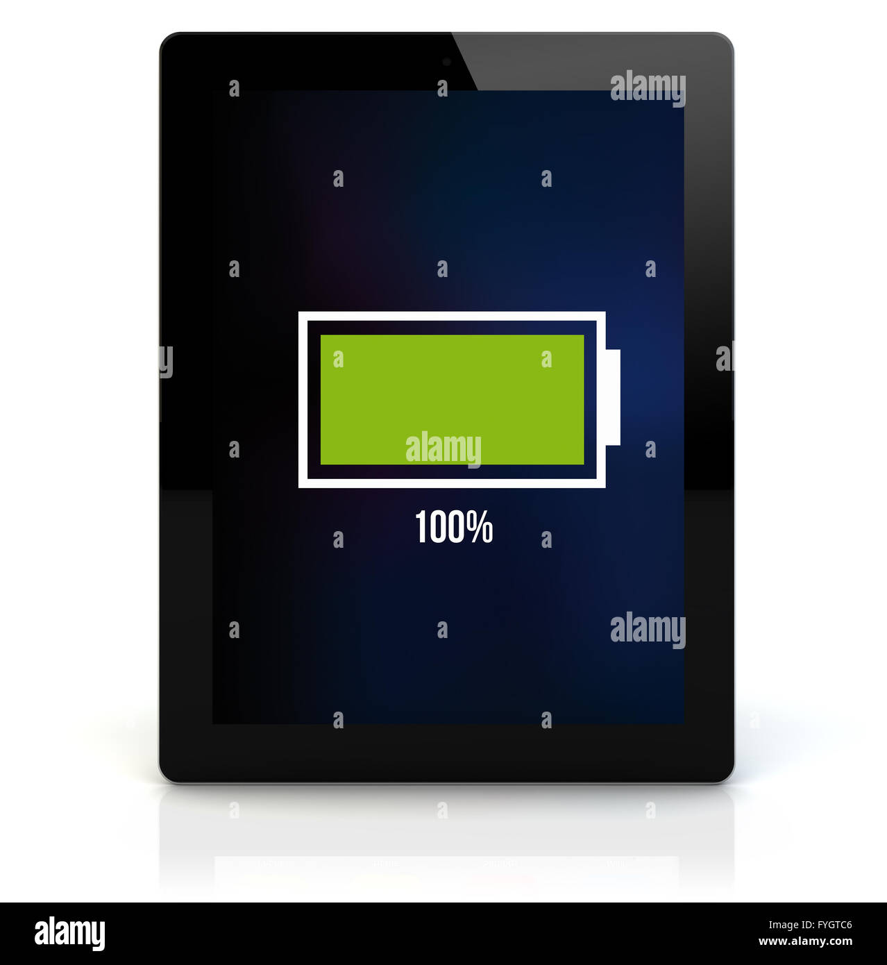 Energiekonzept: Rendern eines Tablet-PCs mit vollem Akku auf dem Bildschirm. Die Bildschirmgrafik bestehen. Stockfoto