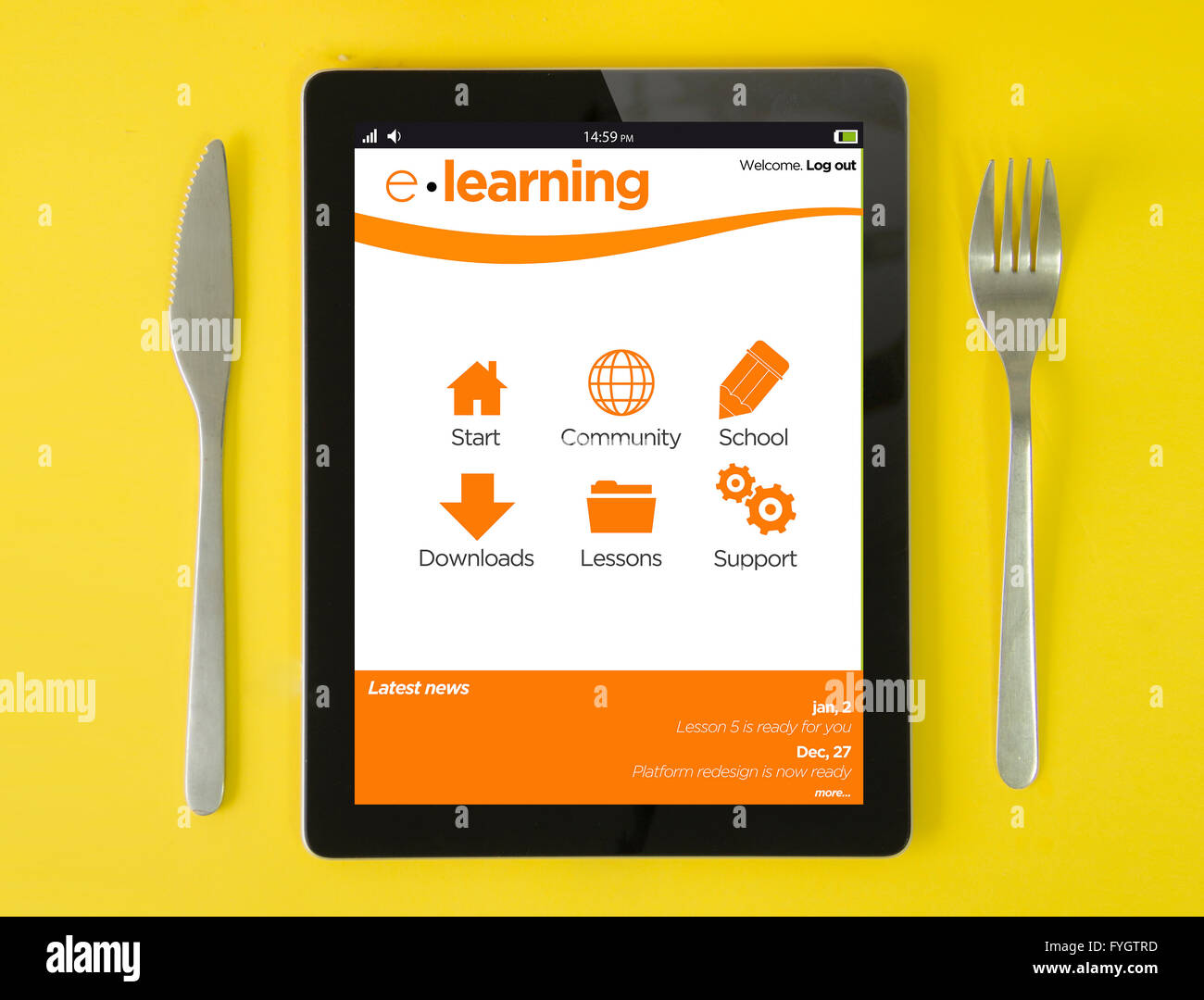Online-Bildung-Konzept: Hipster-Frühstück mit e-Learning-Plattform auf einem Tablet-Bildschirm. Die Bildschirmgrafik bestehen. Stockfoto