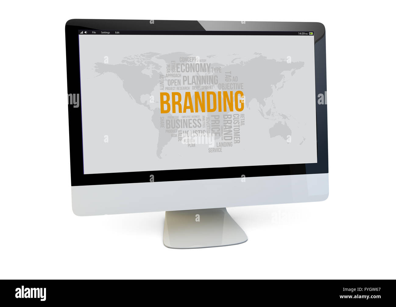 moderne Online-Marketingkonzept: Rendern eines Computers mit branding auf dem Bildschirm zu isoliert Stockfoto