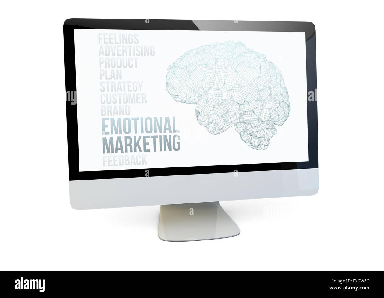 moderne Online-Marketingkonzept: Rendern eines Computers mit emotionales Marketing auf dem Bildschirm zu isoliert Stockfoto