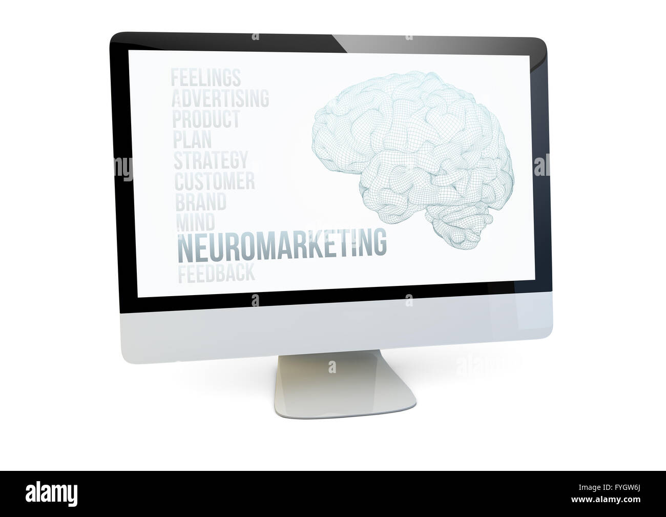moderne Online-Marketingkonzept: Rendern eines Computers mit Neuromarketing auf dem Bildschirm zu isoliert Stockfoto