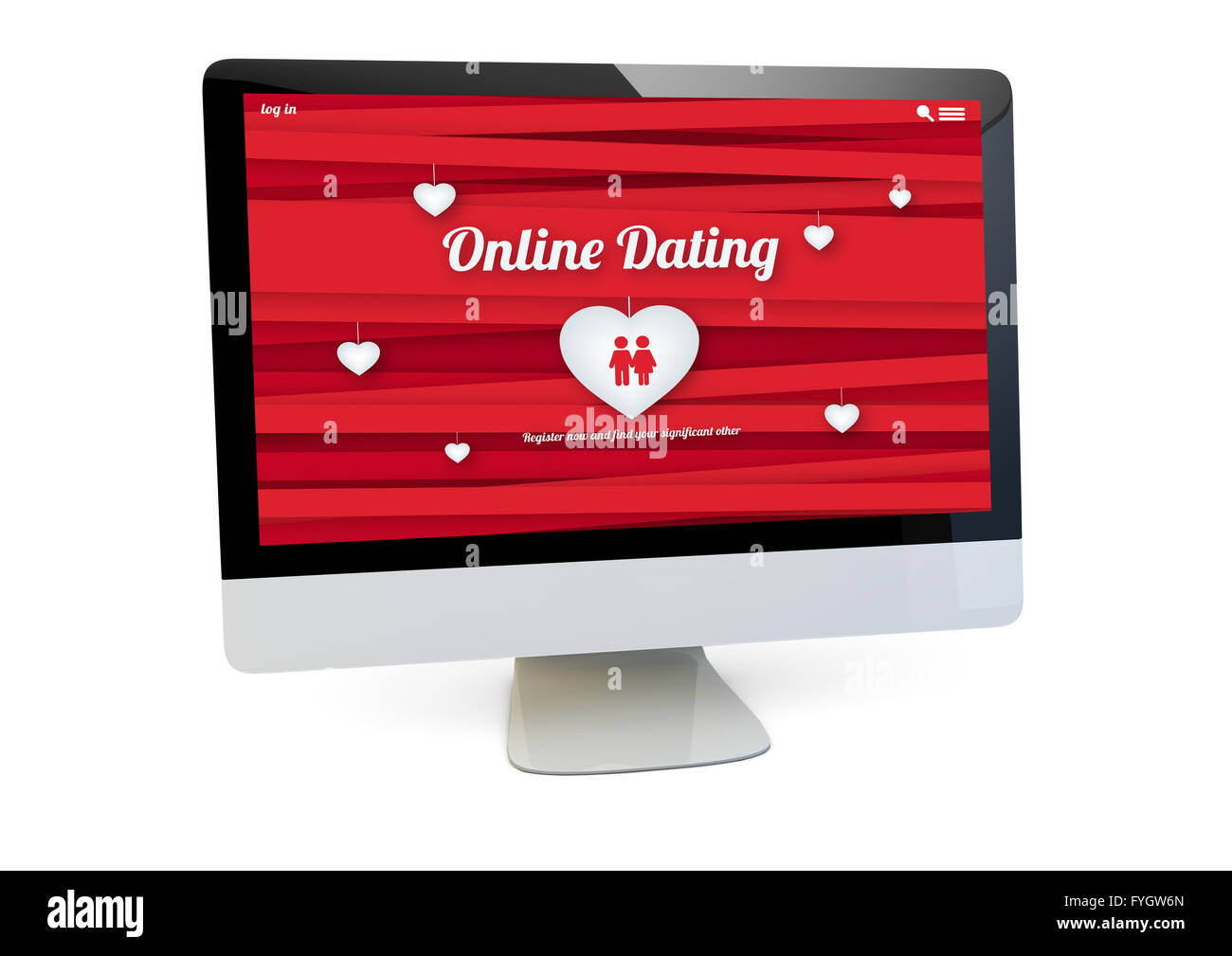 moderne online-dating Konzept: Rendern eines Computers mit online-dating-Webseite auf dem Bildschirm zu isoliert. Die Bildschirmgrafik bestehen u Stockfoto