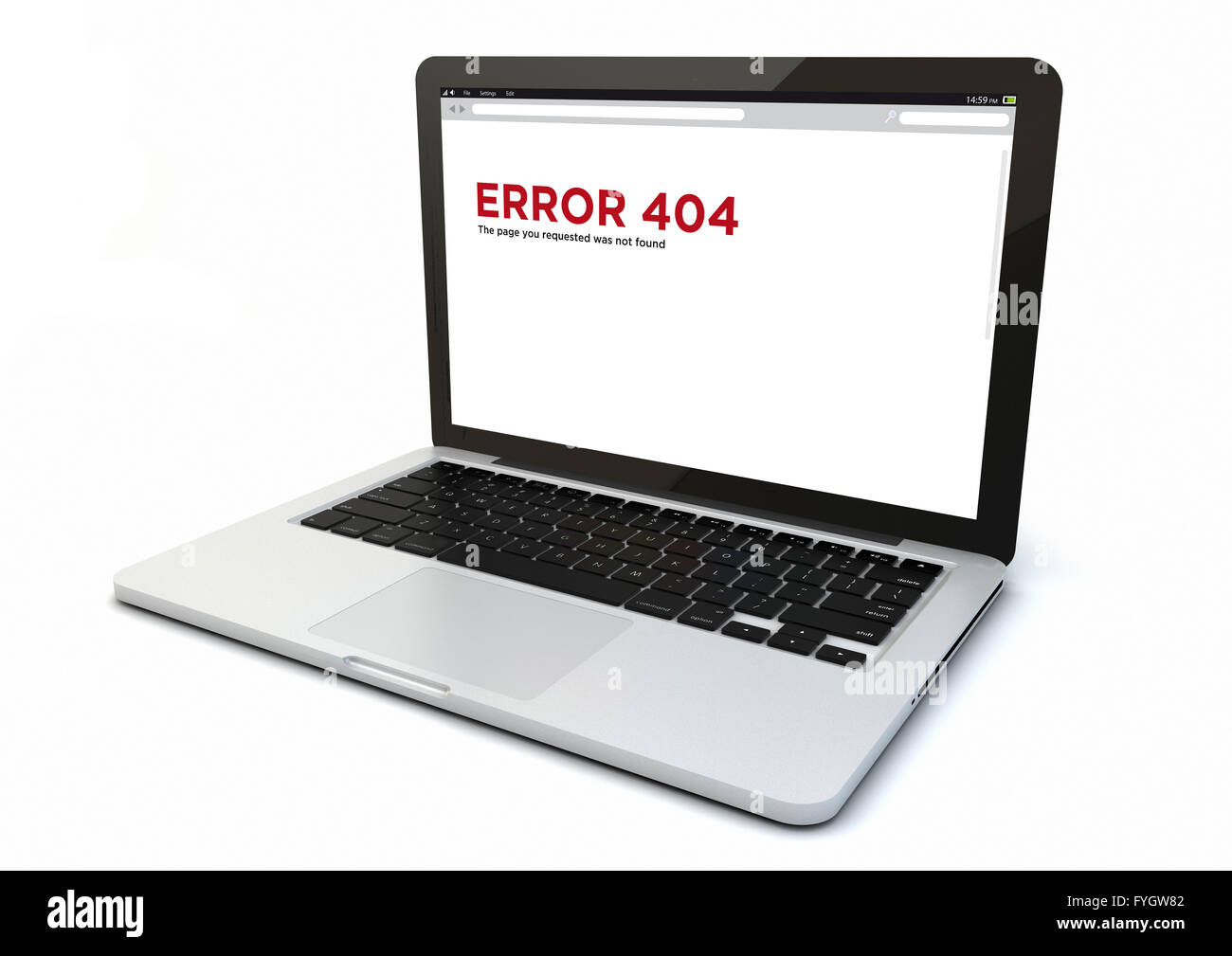 Rendern von 3d generierte Computer mit Fehler 404 auf dem Bildschirm. Die Bildschirmgrafik bestehen. Stockfoto