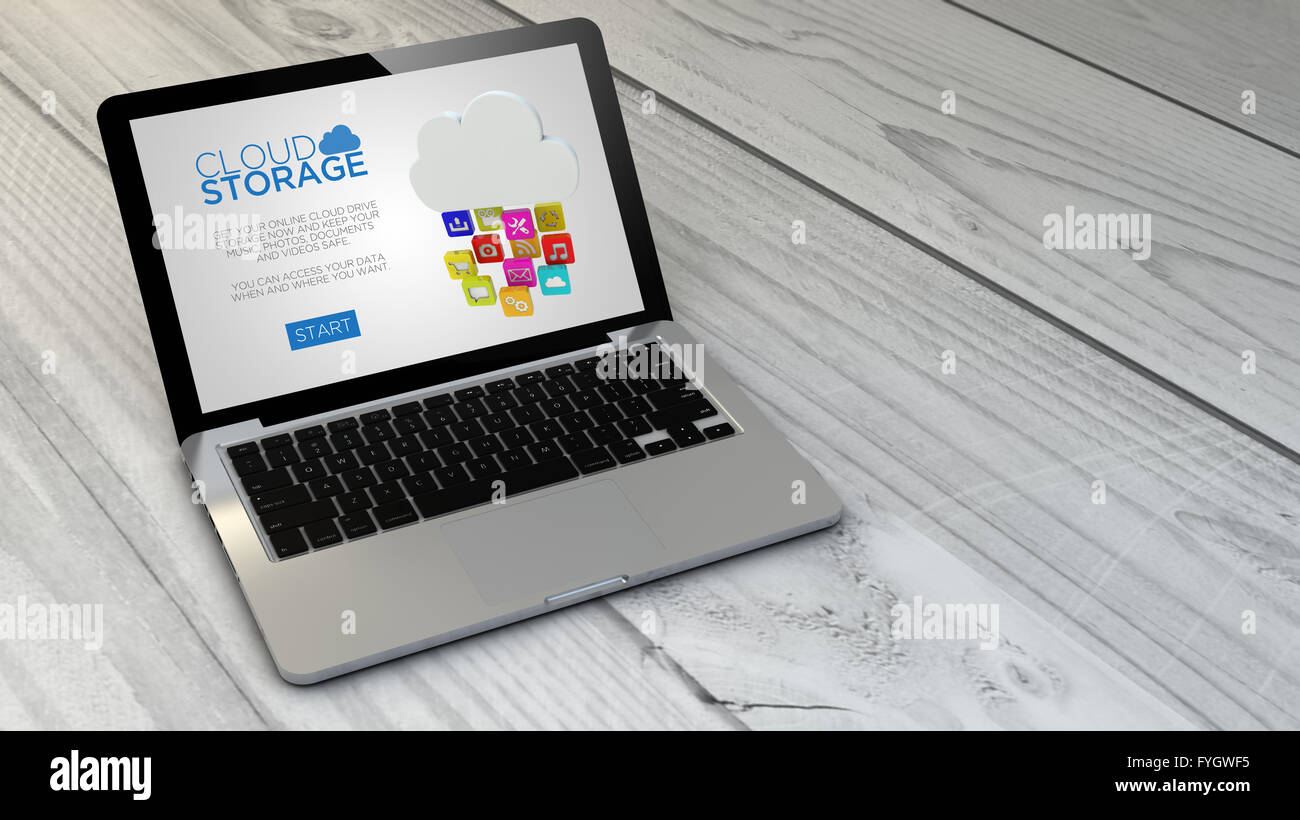 Digital erzeugte Cloud Online-Speicher-Computer über Holztisch mit Exemplar. Die Bildschirmgrafik bestehen. Stockfoto