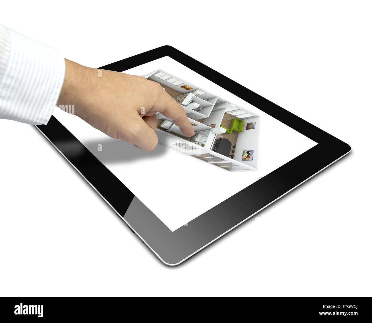 modernes Design-Konzept: Architekten Hand berühren einen glänzende Tablet-pc mit einer architektonischen app auf dem Bildschirm zu isoliert auf weiß Ba Stockfoto
