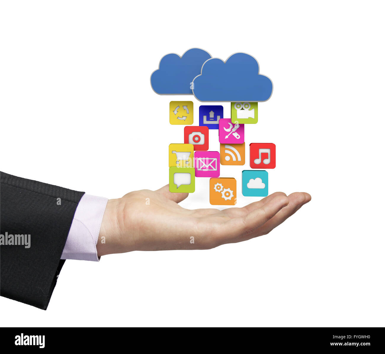 Apps laden Sie aus der Cloud über ein Geschäftsmann hand Stockfoto