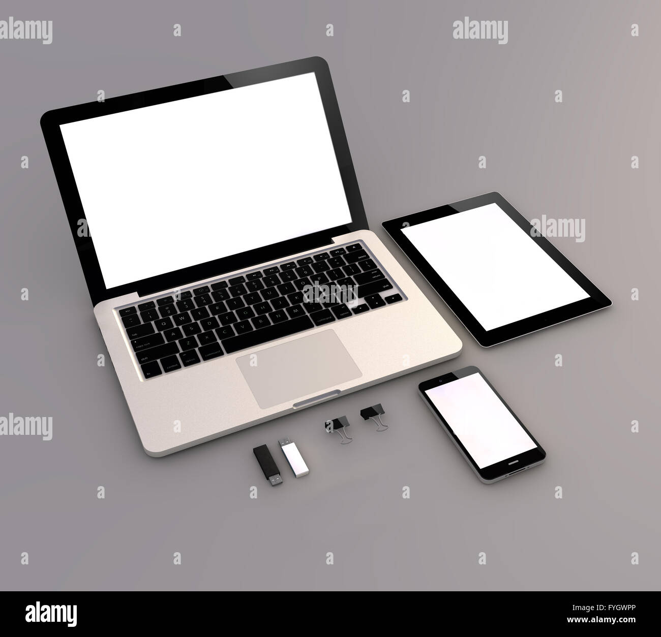 Reaktionsschnelle Mock-up: offene Laptop mit digital-Tablette und weißen Smartphone. Stockfoto